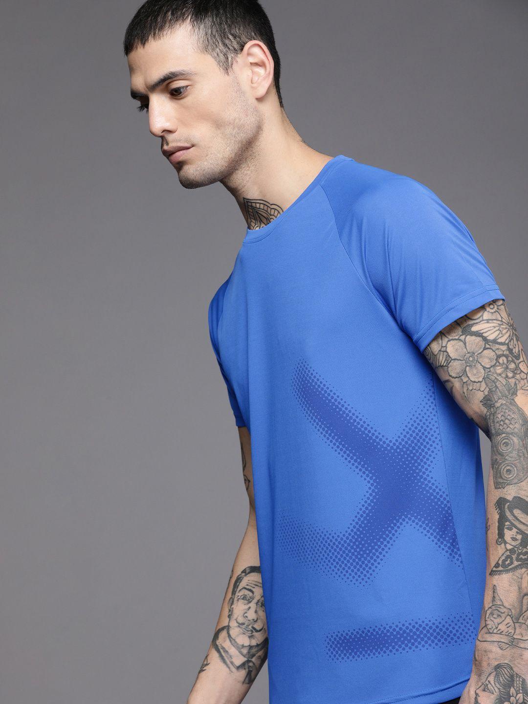 wrogn active men blue brand logo printed slim fit t-shirt