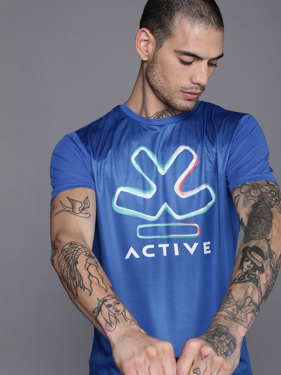 wrogn active men blue brand logo printed slim fit t-shirt