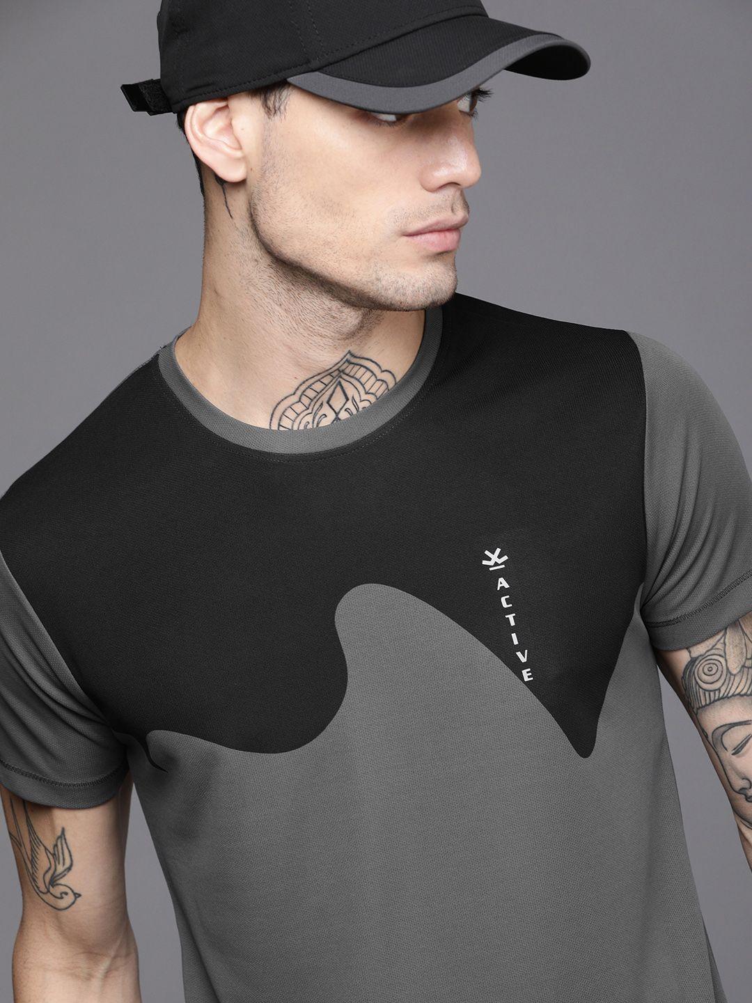 wrogn active men grey & black colourblocked slim fit t-shirt