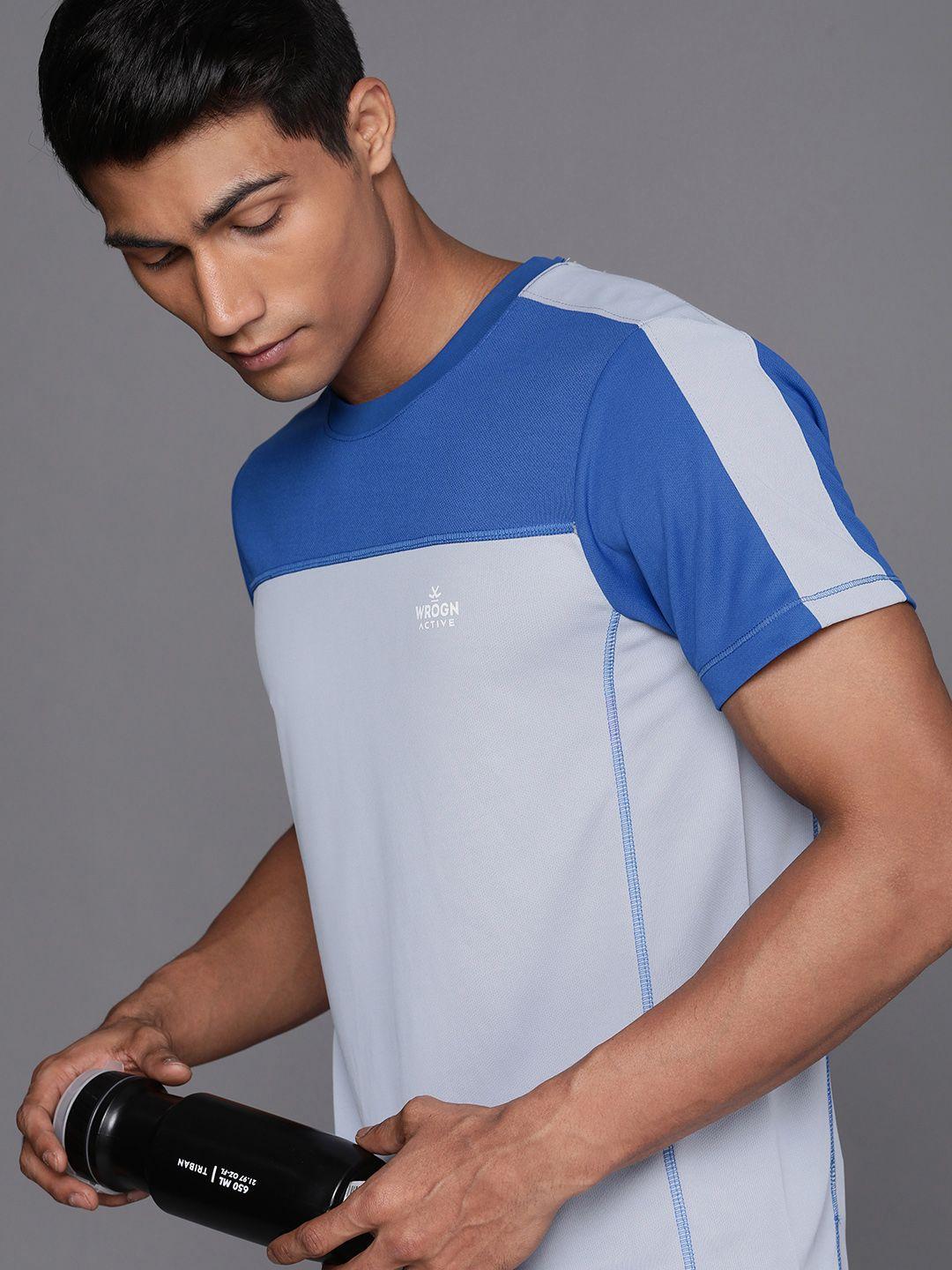 wrogn active men grey & blue colourblocked round-neck t-shirt