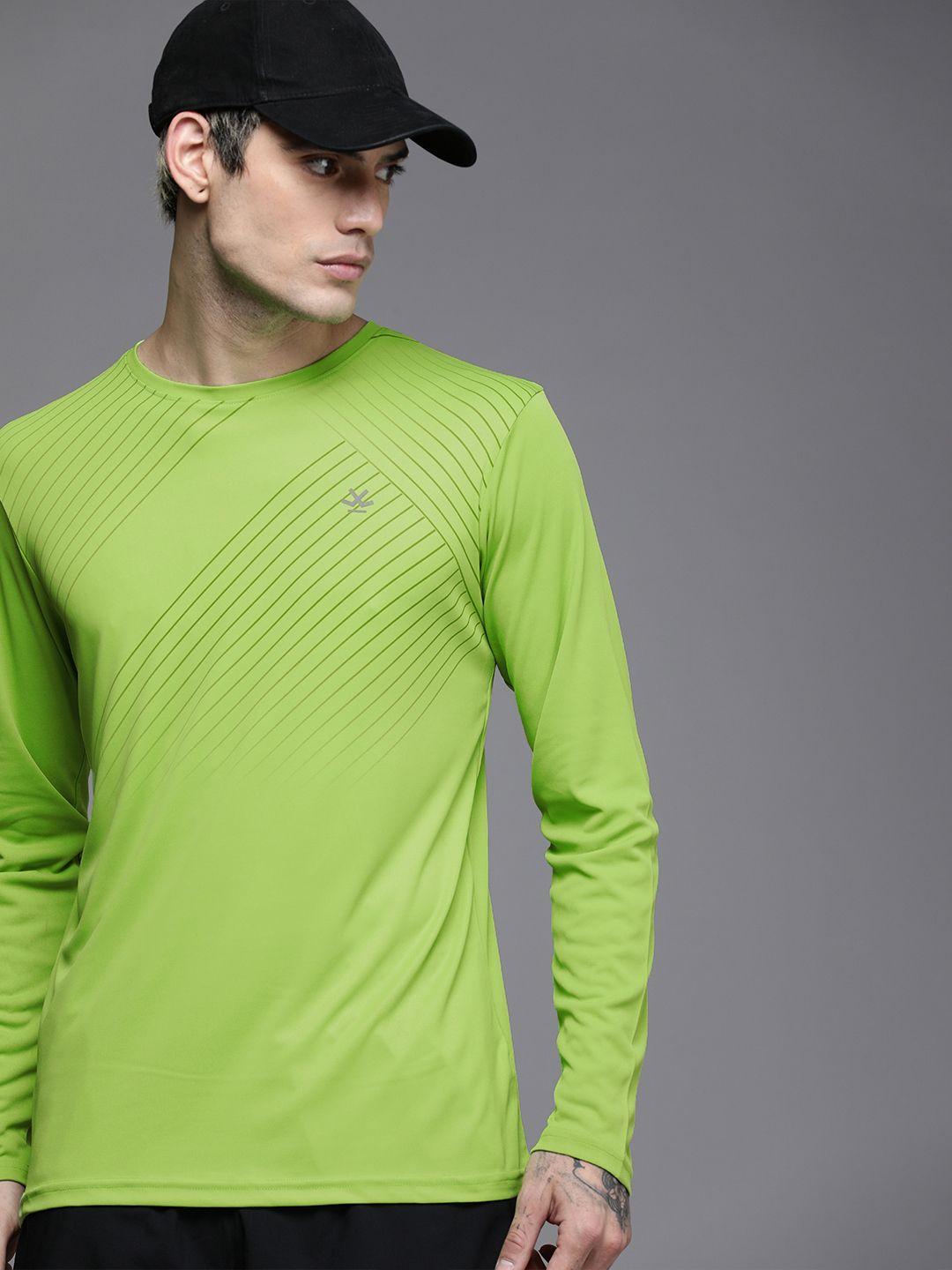 wrogn active men lime green striped slim fit t-shirt