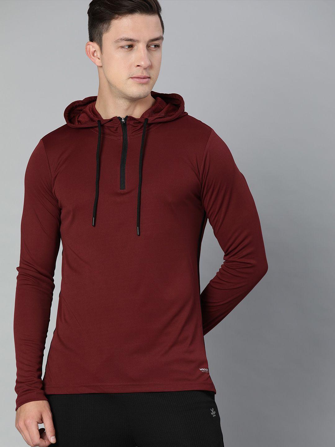 wrogn active men maroon solid hood t-shirt
