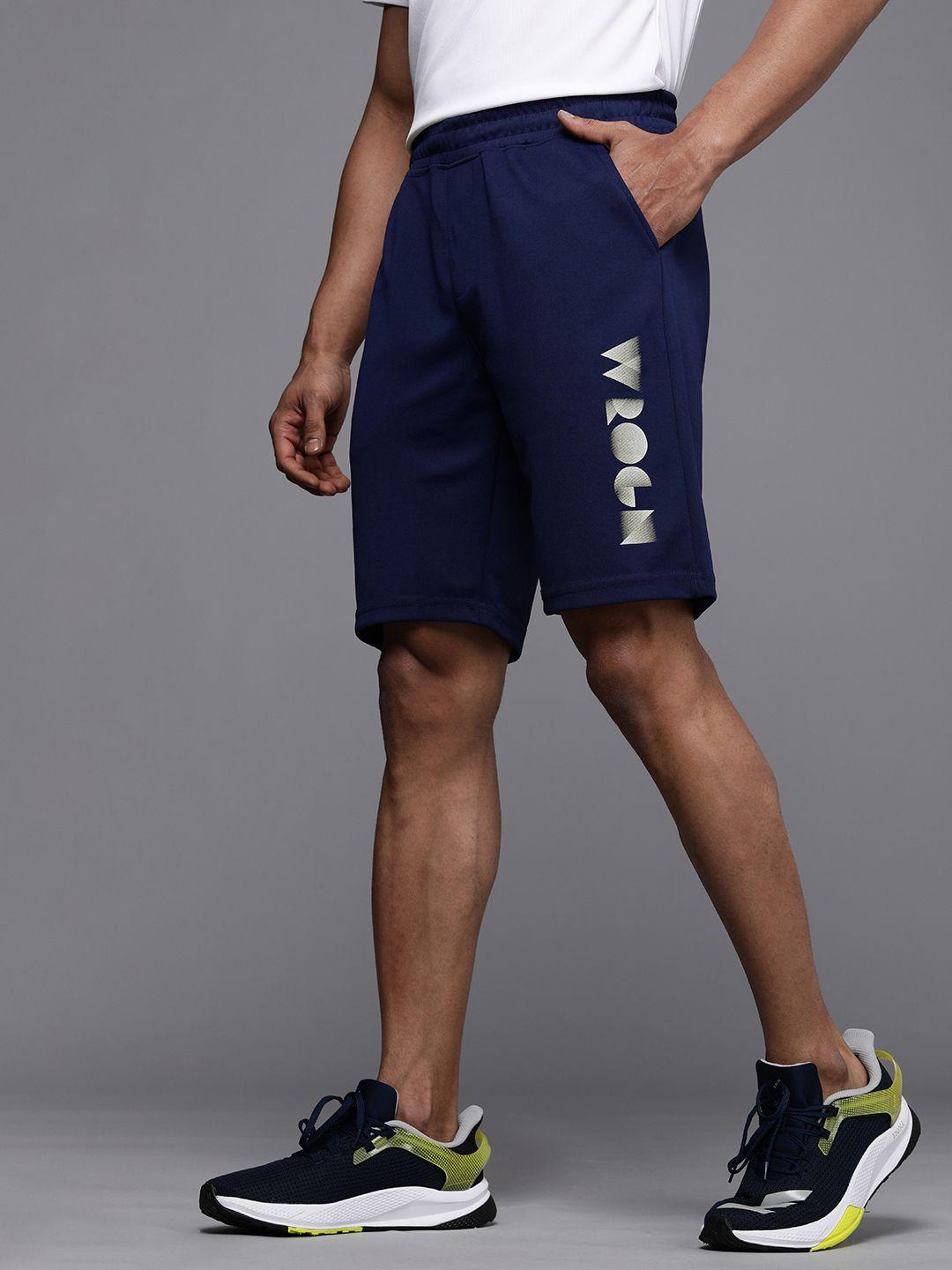 wrogn active men navy blue & white printed shorts