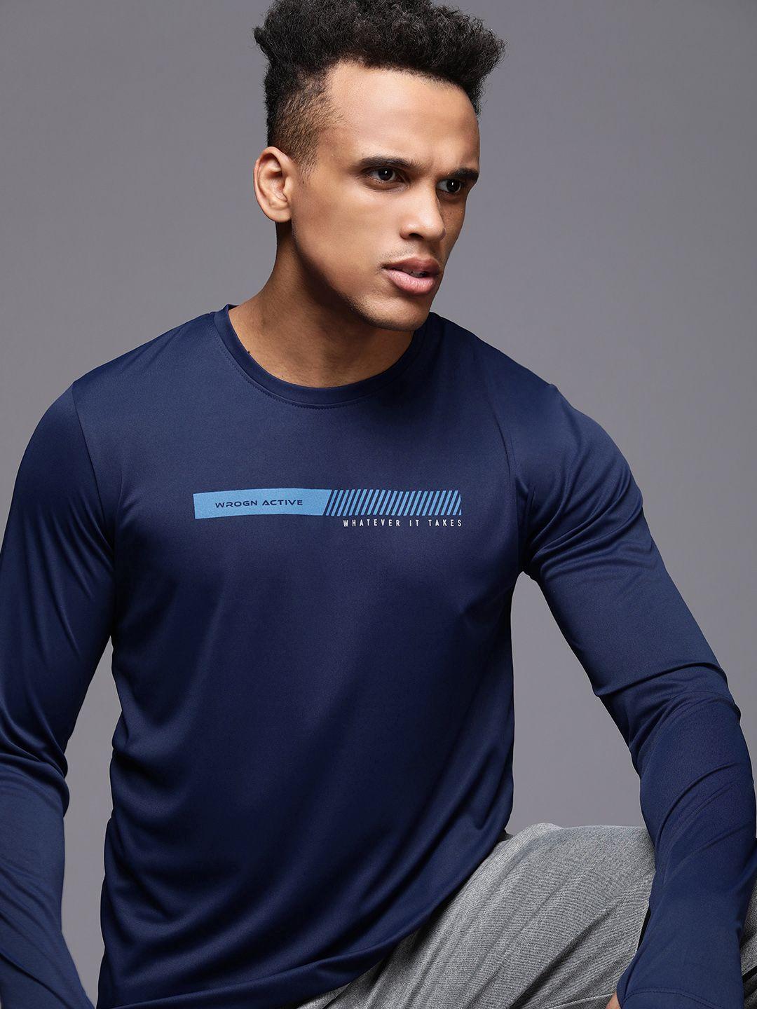 wrogn active men navy blue brand logo printed slim fit casual t-shirt