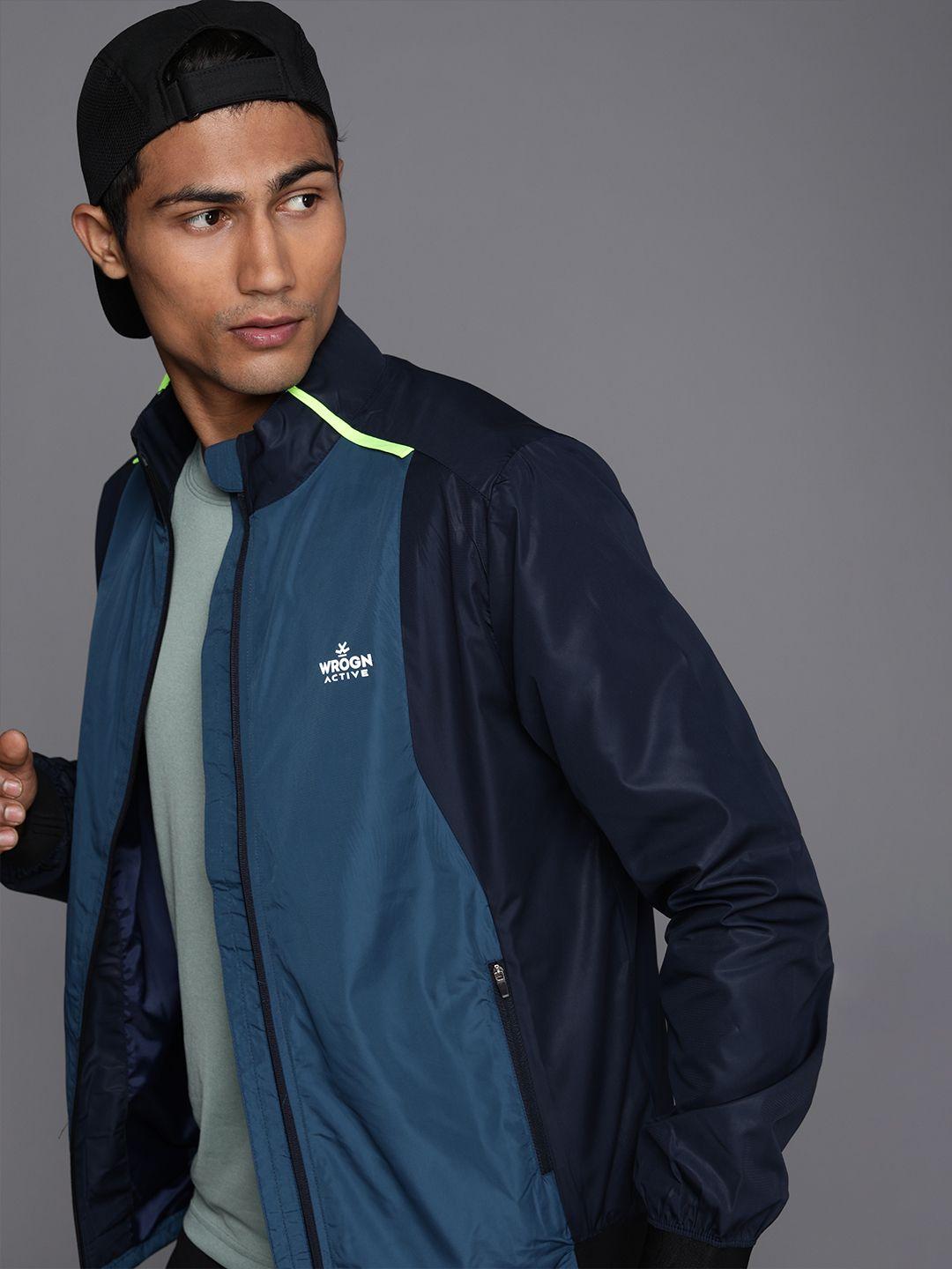 wrogn active men navy blue colourblocked bomber jacket