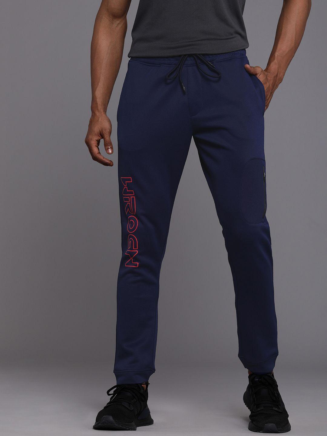 wrogn active men navy-blue logo printed slim fit regular track pants