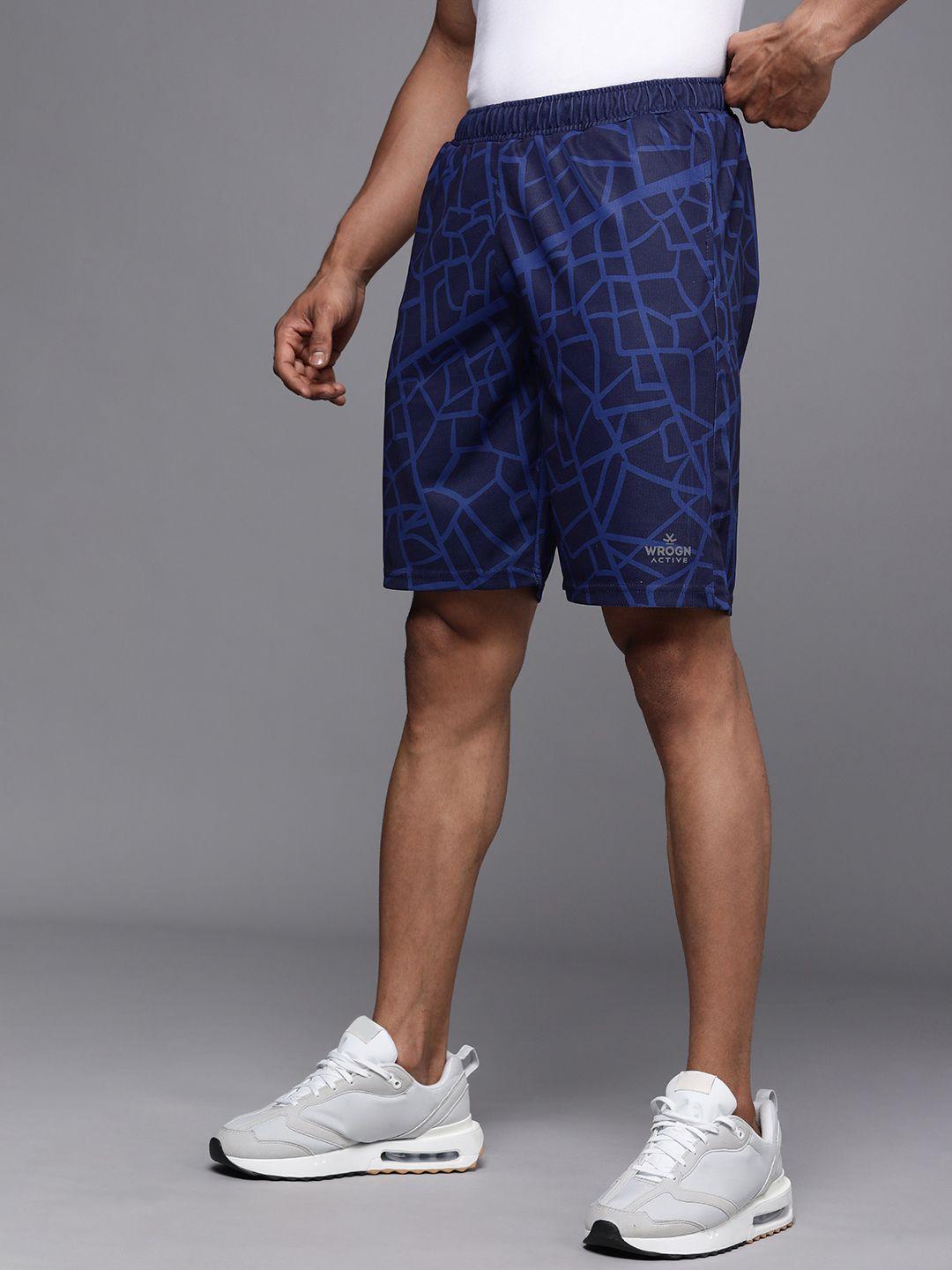 wrogn active men navy blue printed sports shorts