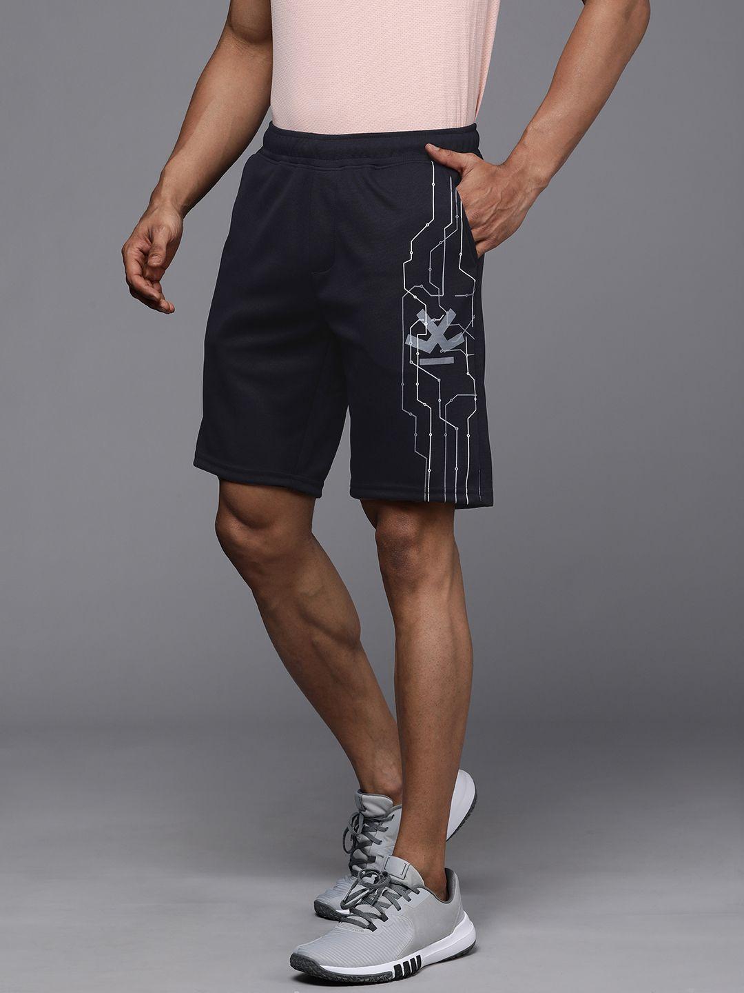 wrogn active men navy blue printed sports shorts