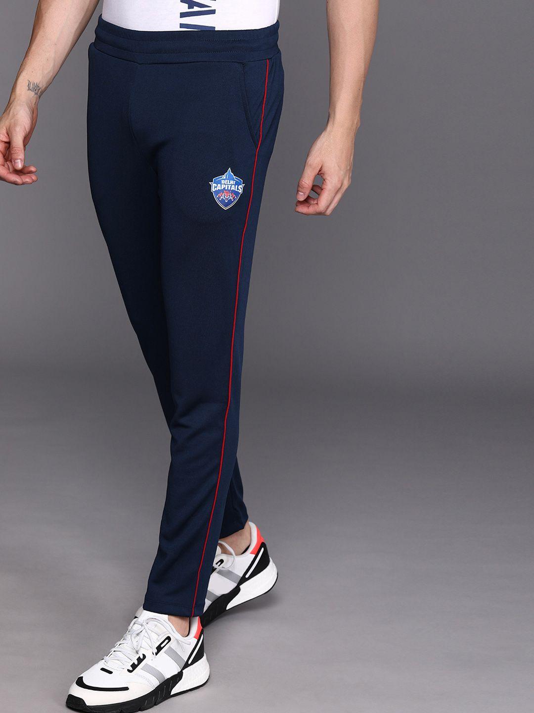 wrogn active men navy blue regular fit delhi capitals solid track pants