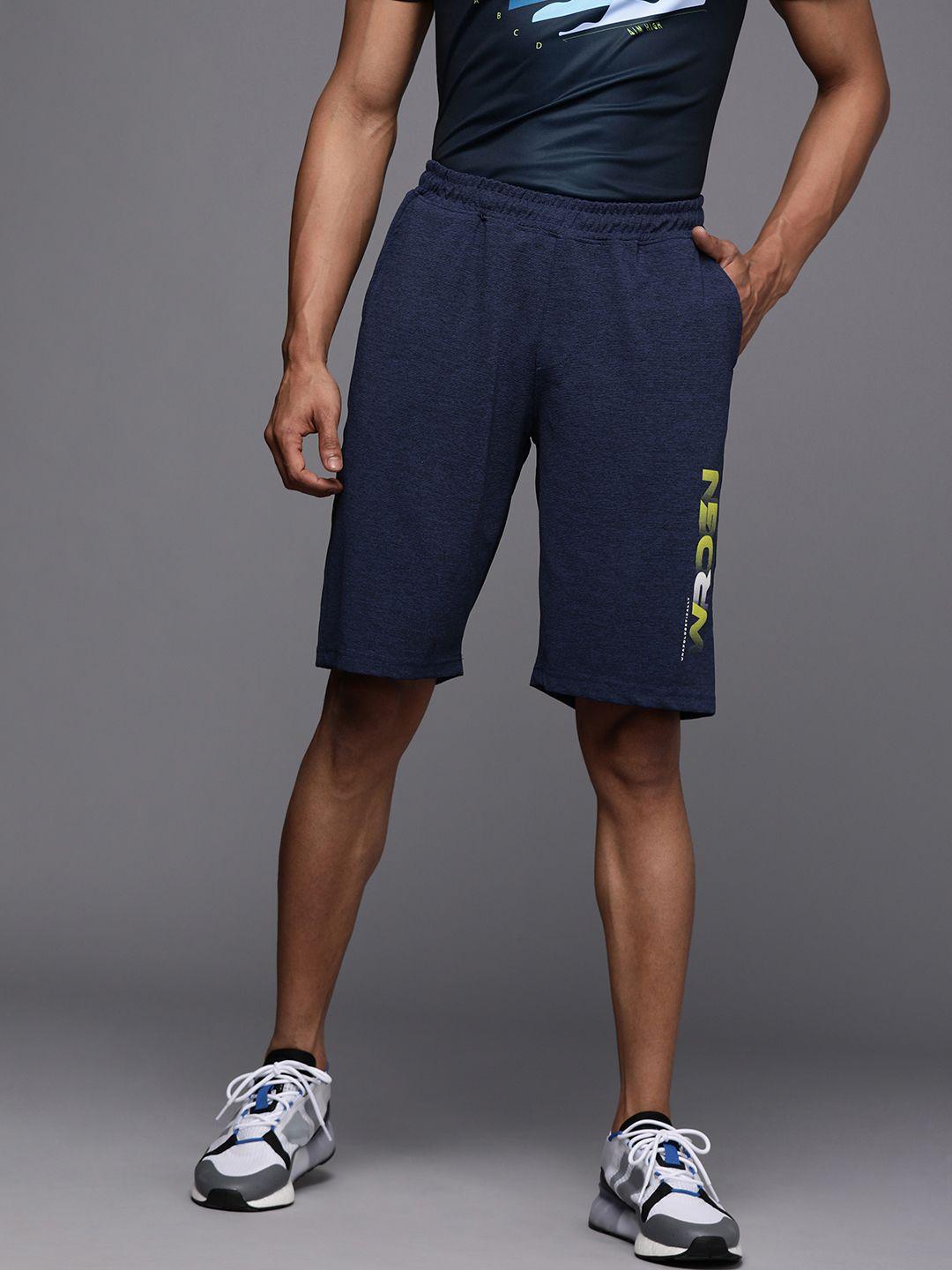 wrogn active men navy blue slim fit sports shorts with logo print