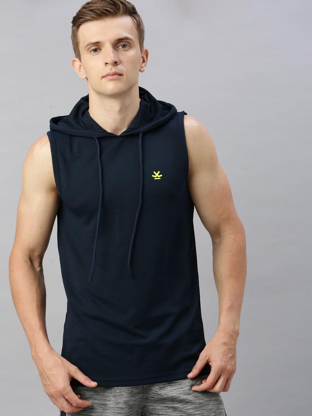 wrogn active men navy blue solid hood t-shirt