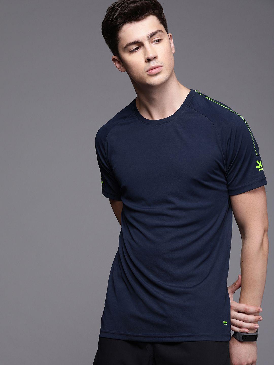 wrogn active men navy blue solid round neck t-shirt