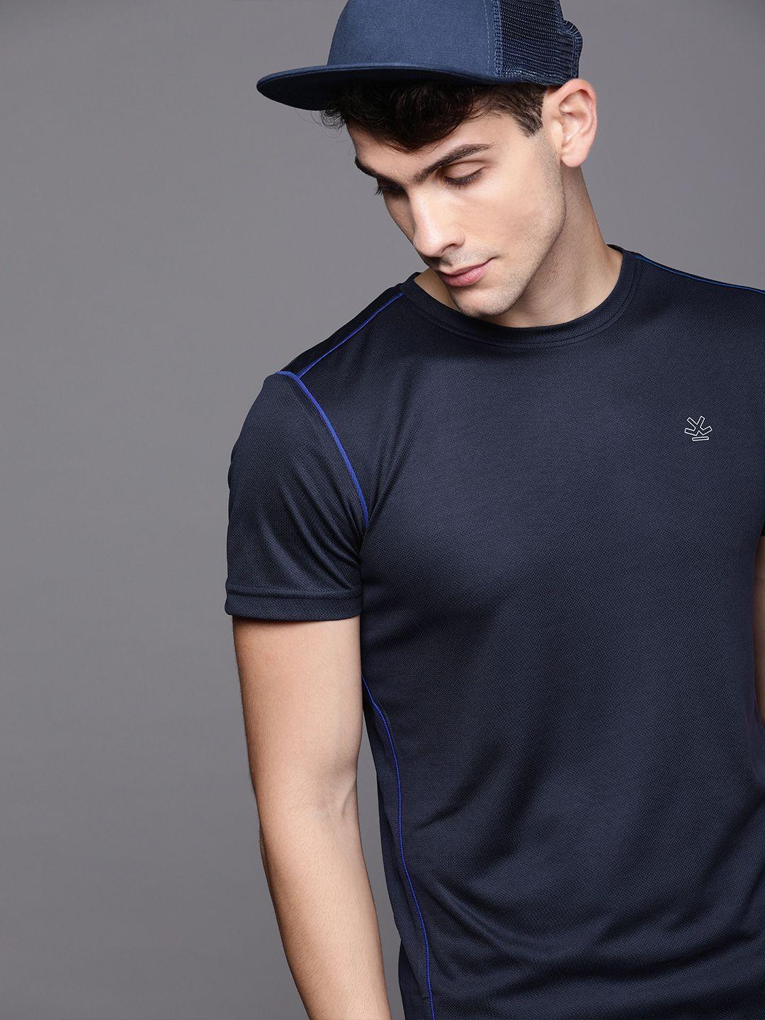 wrogn active men navy blue solid round neck t-shirt