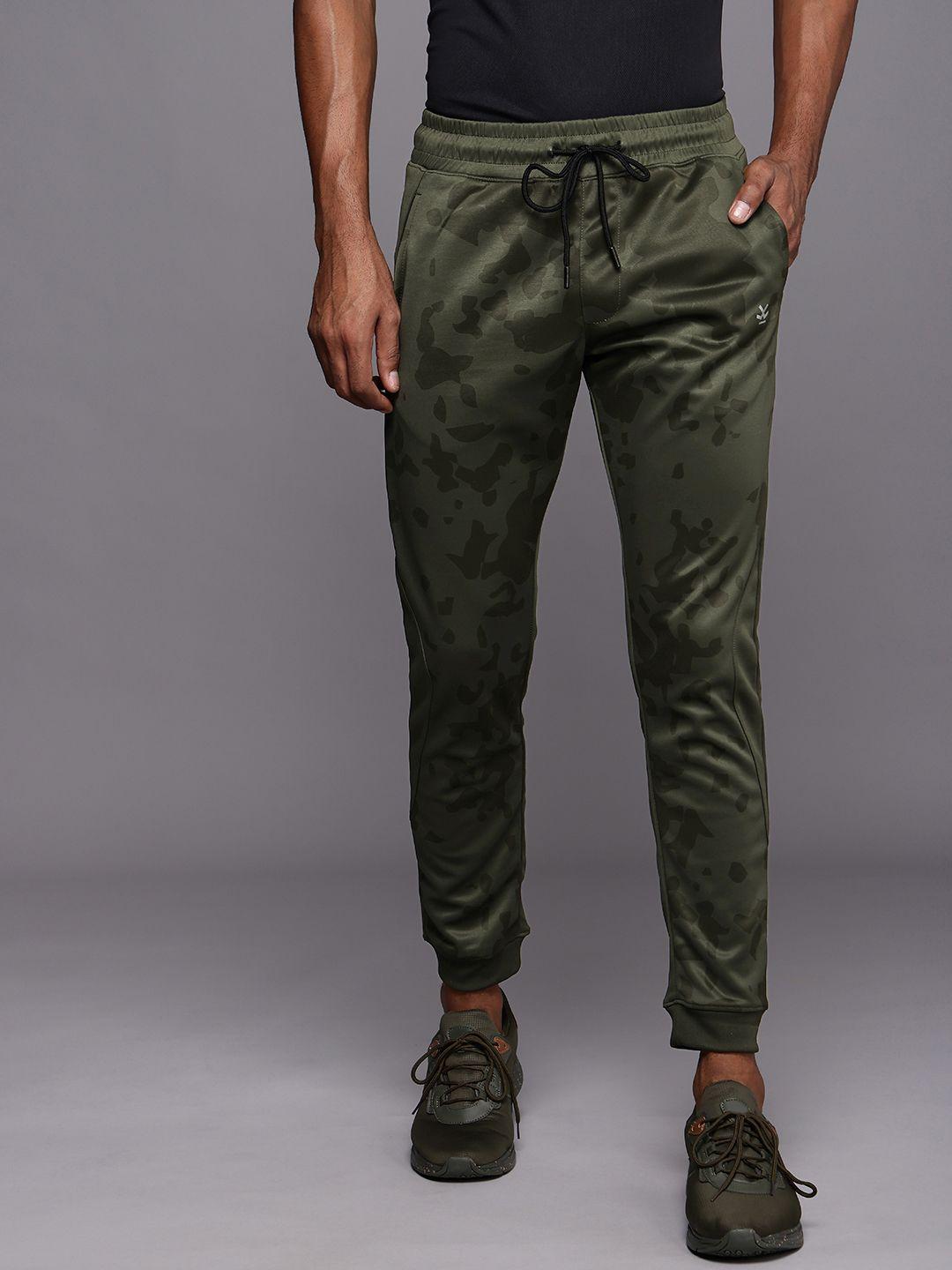 wrogn active men olive green slim fit camouflage printed joggers