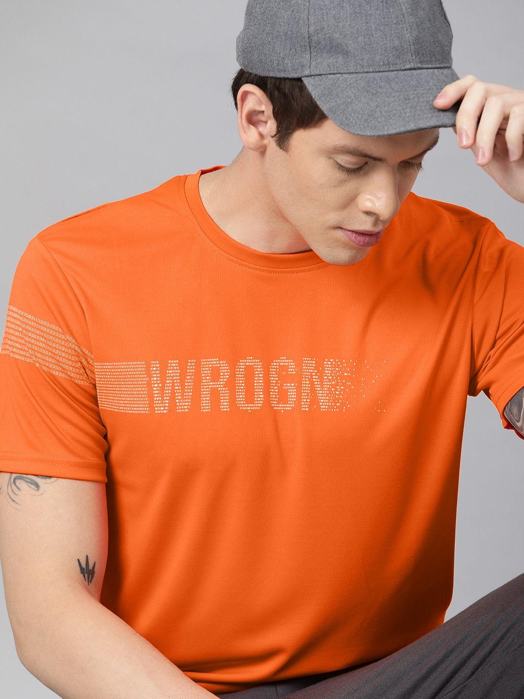 wrogn active men orange printed round neck t-shirt