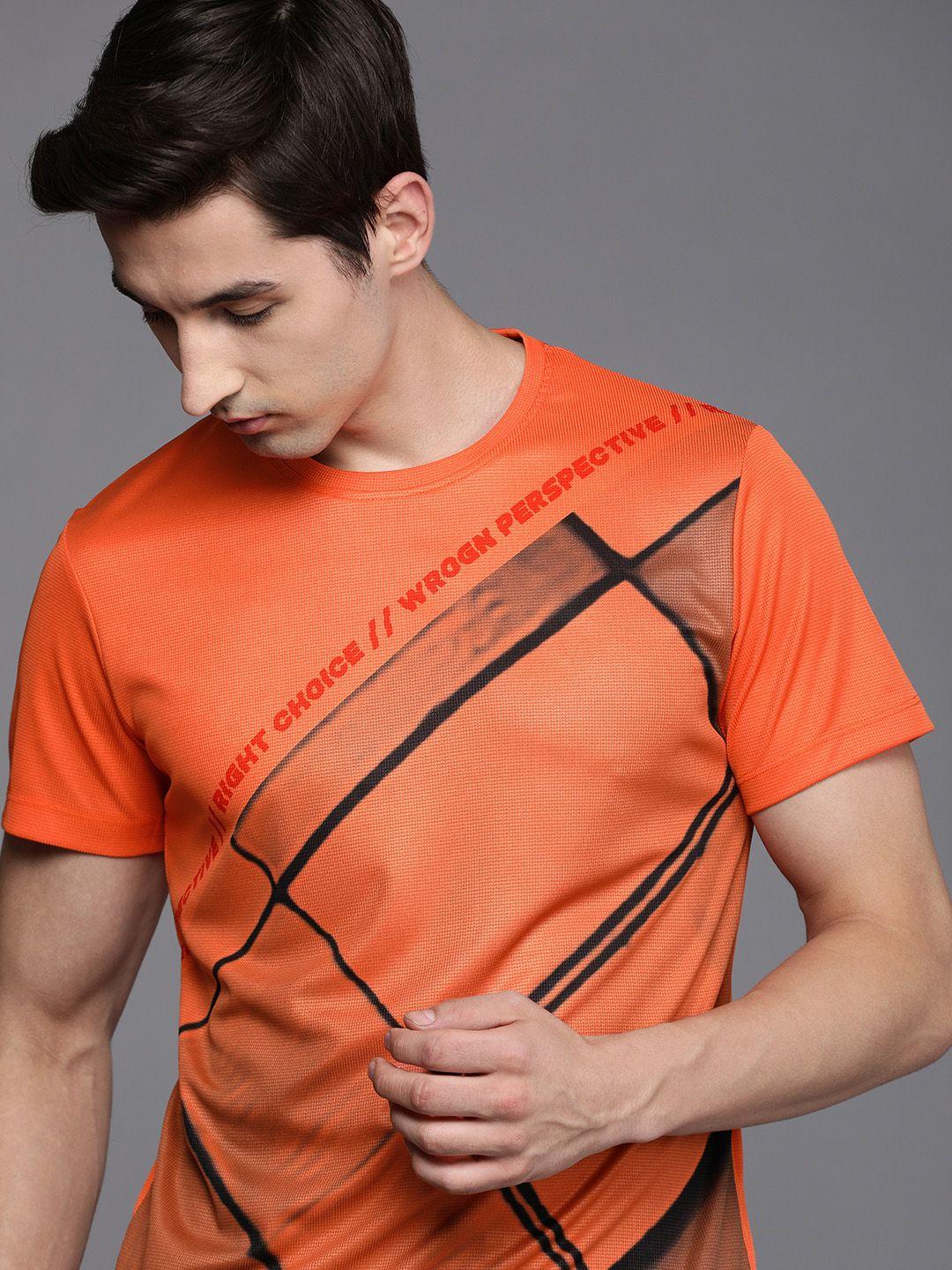 wrogn active men orange printed slim fit t-shirt