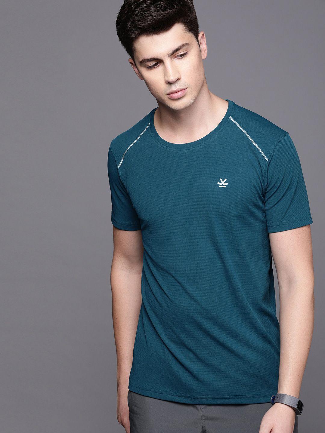 wrogn active men teal blue self design round neck t-shirt