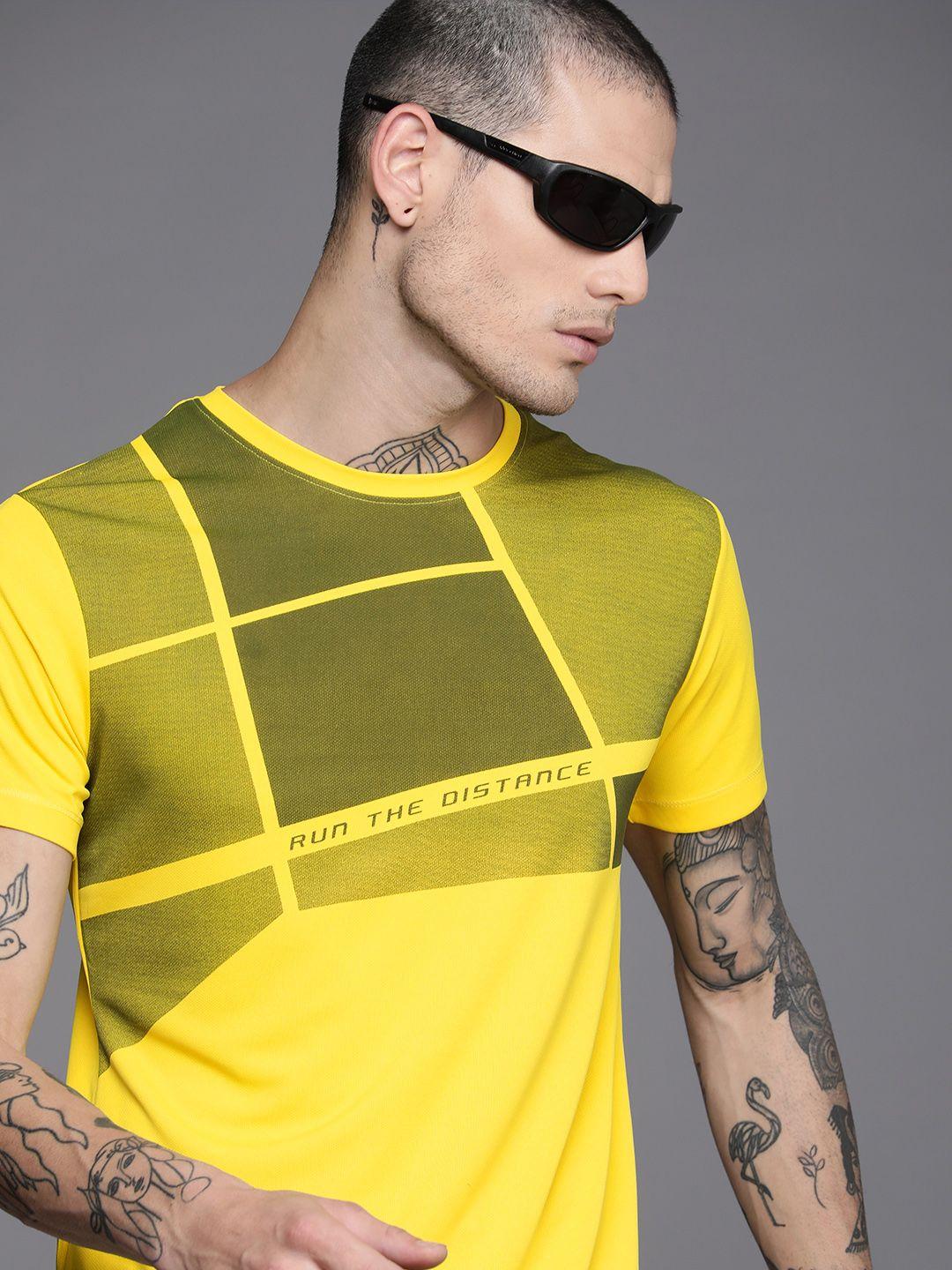 wrogn active men yellow & olive green geometric printed t-shirt