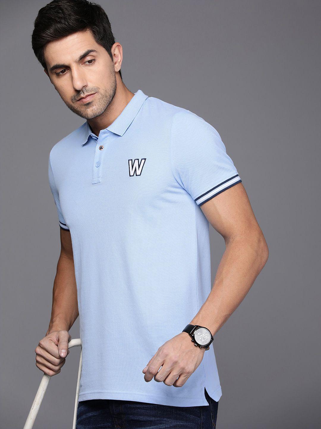 wrogn brand logo embroidered polo collar pure cotton slim fit t-shirt