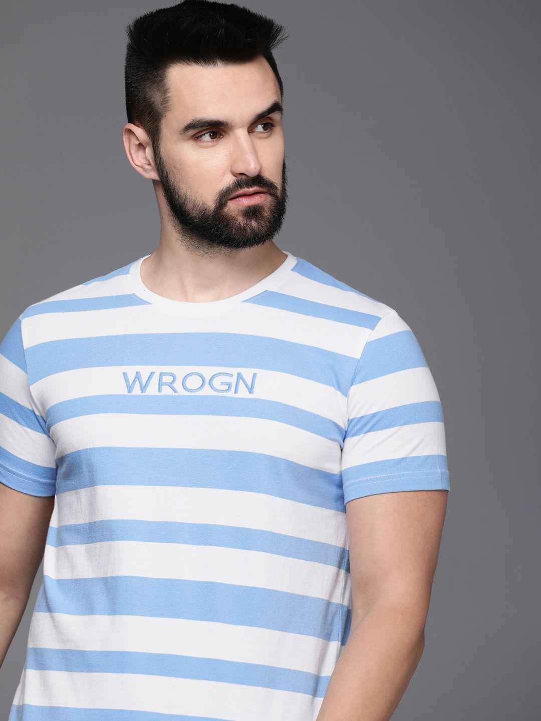 wrogn brand logo embroidered striped pure cotton slim fit t-shirt