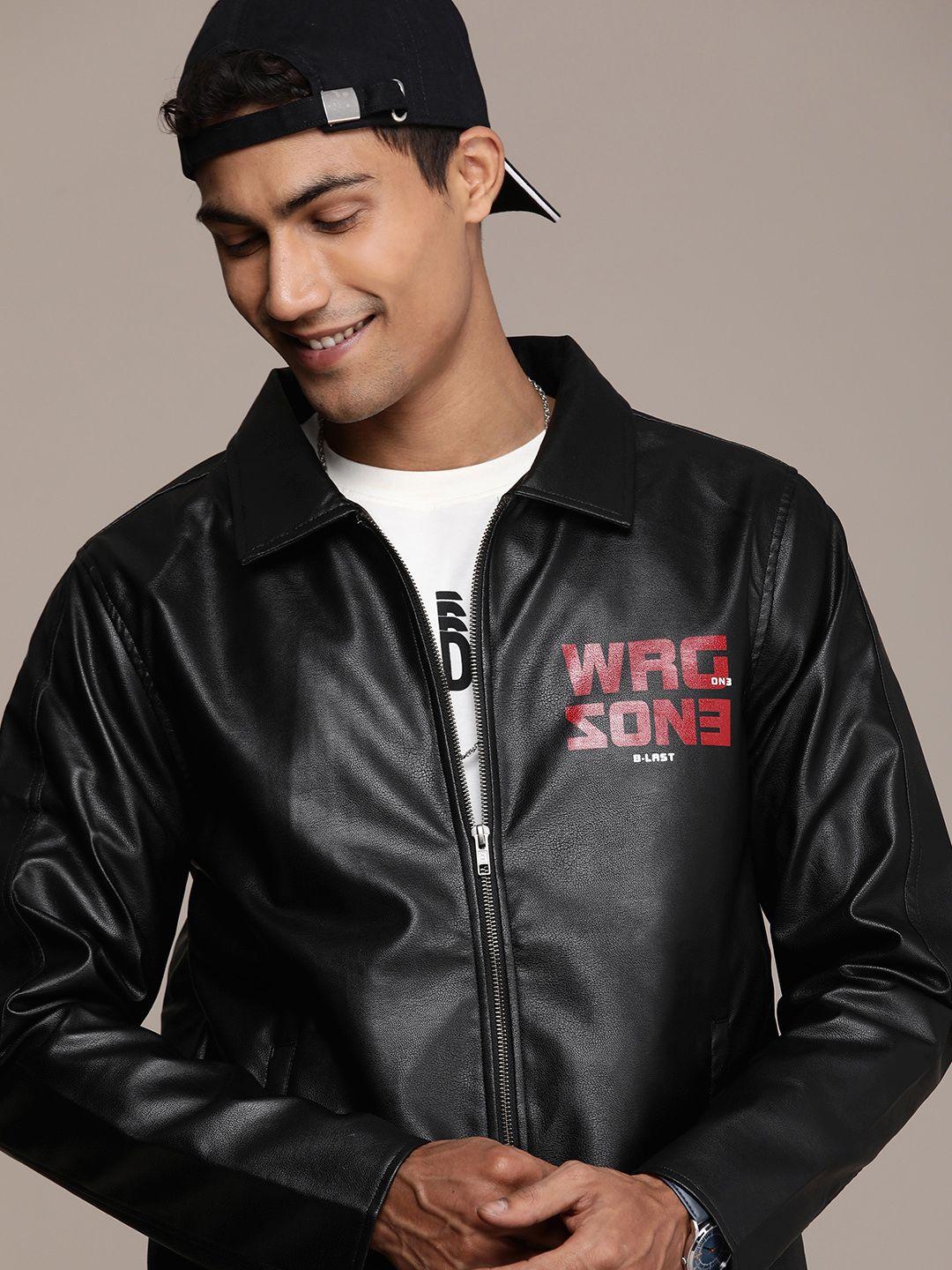 wrogn brand logo printed biker jacket
