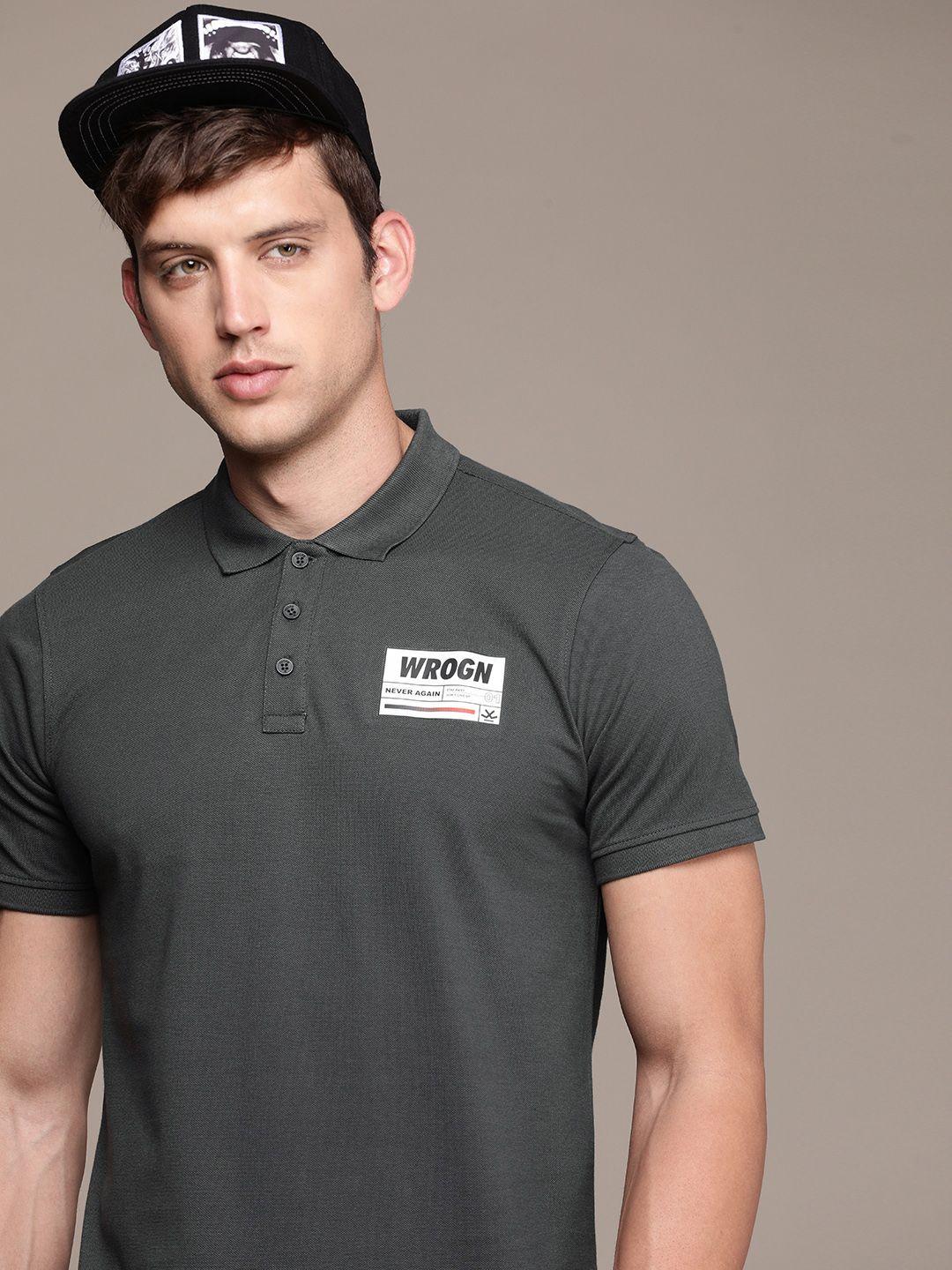 wrogn brand logo printed polo collar slim fit t-shirt