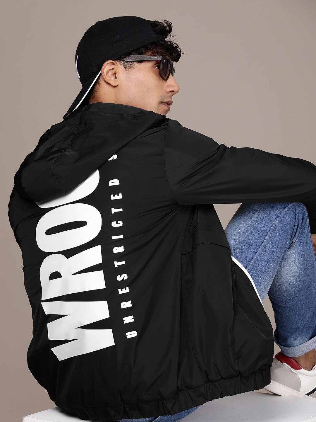 wrogn brand logo printed slim fit hooded tailored jacket