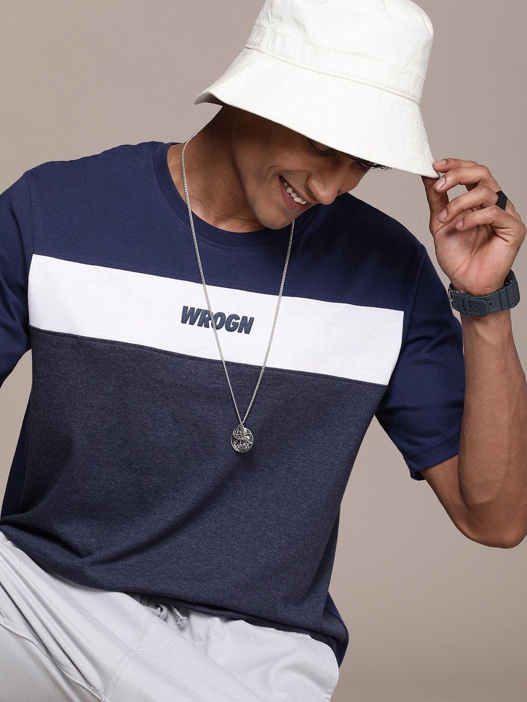 wrogn brand logo striped pure cotton t-shirt