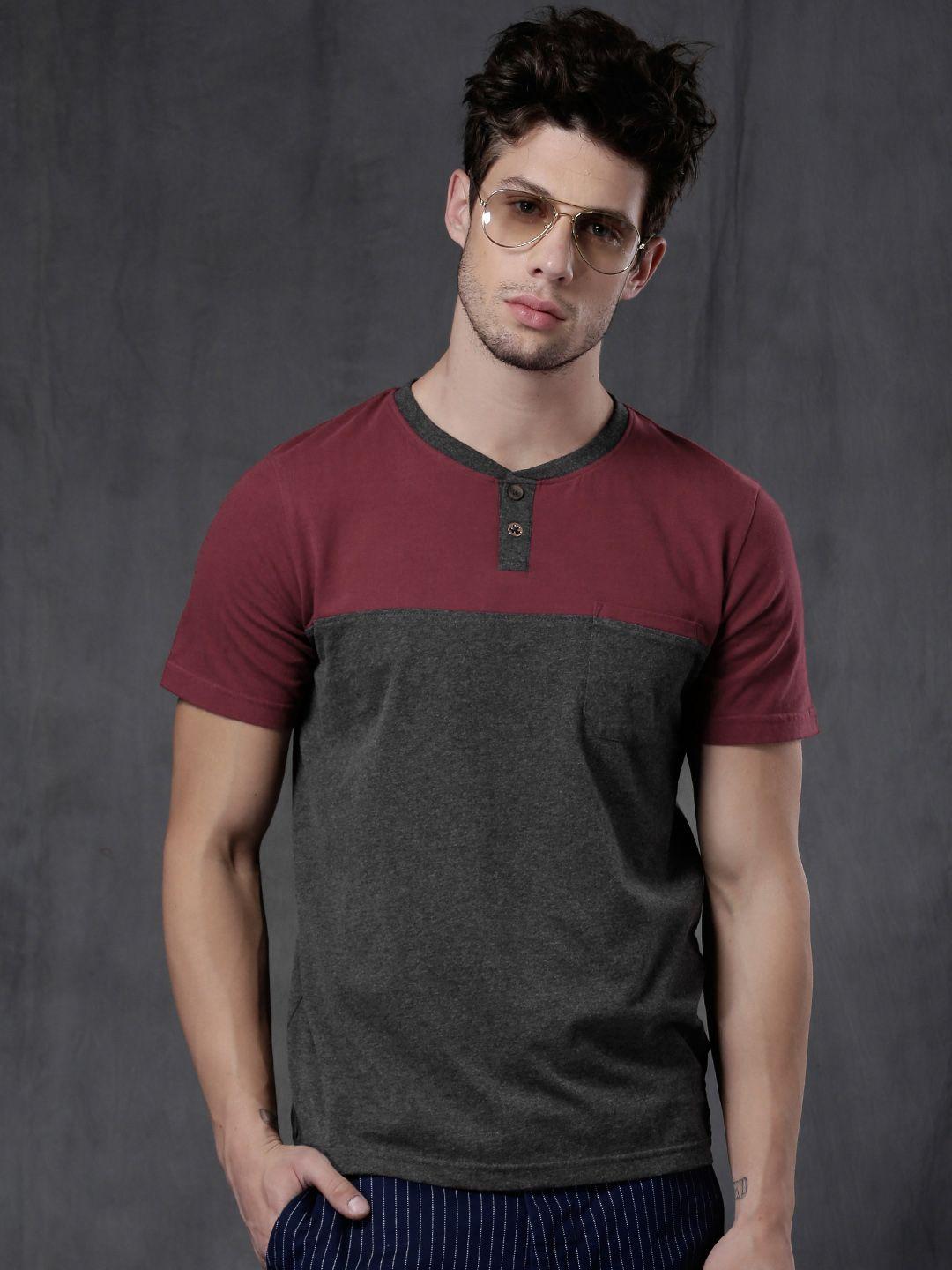 wrogn charcoal grey & maroon colourblocked henley t-shirt