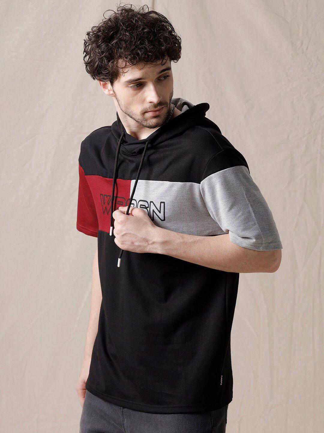 wrogn colourblocked hooded boxy fit cotton t-shirt