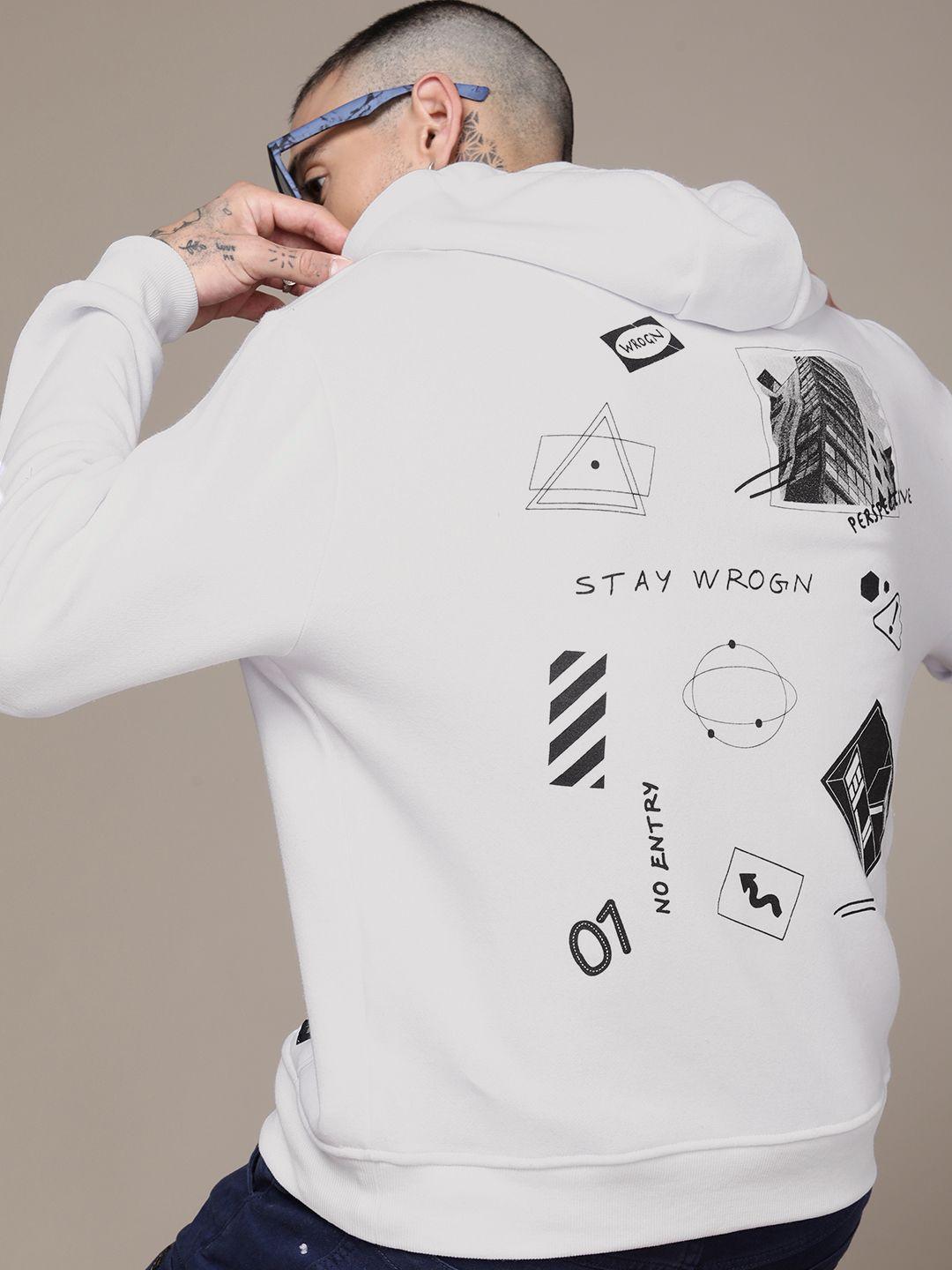 wrogn conversational printed hooded casual sweatshirt