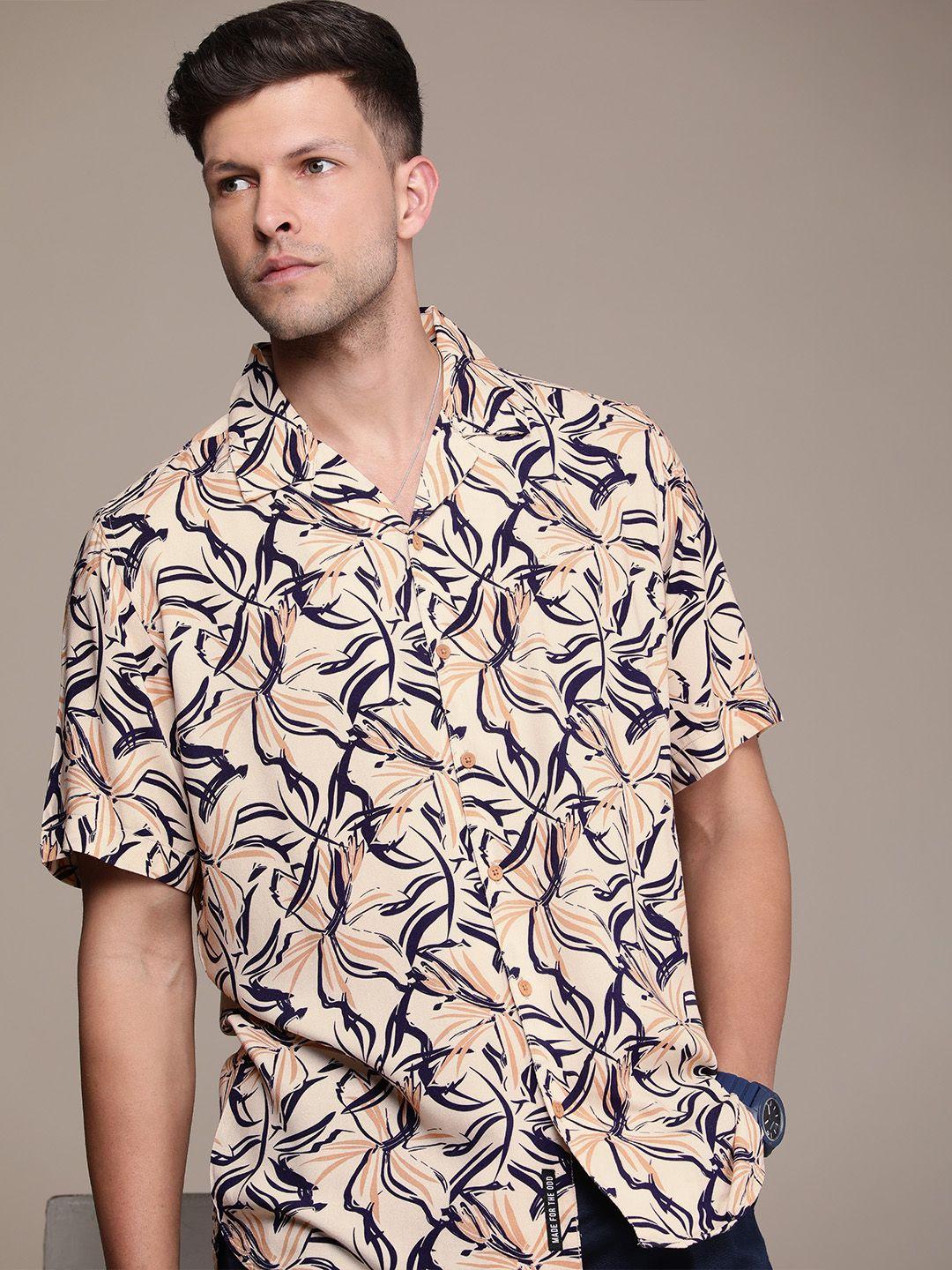 wrogn floral printed cuban collar casual shirt