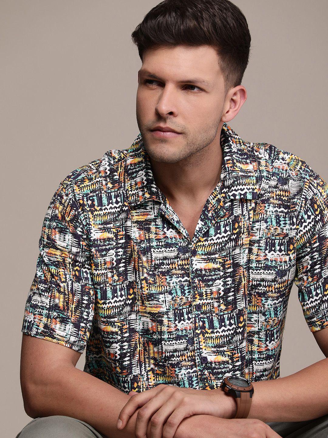 wrogn geometric printed casual shirt