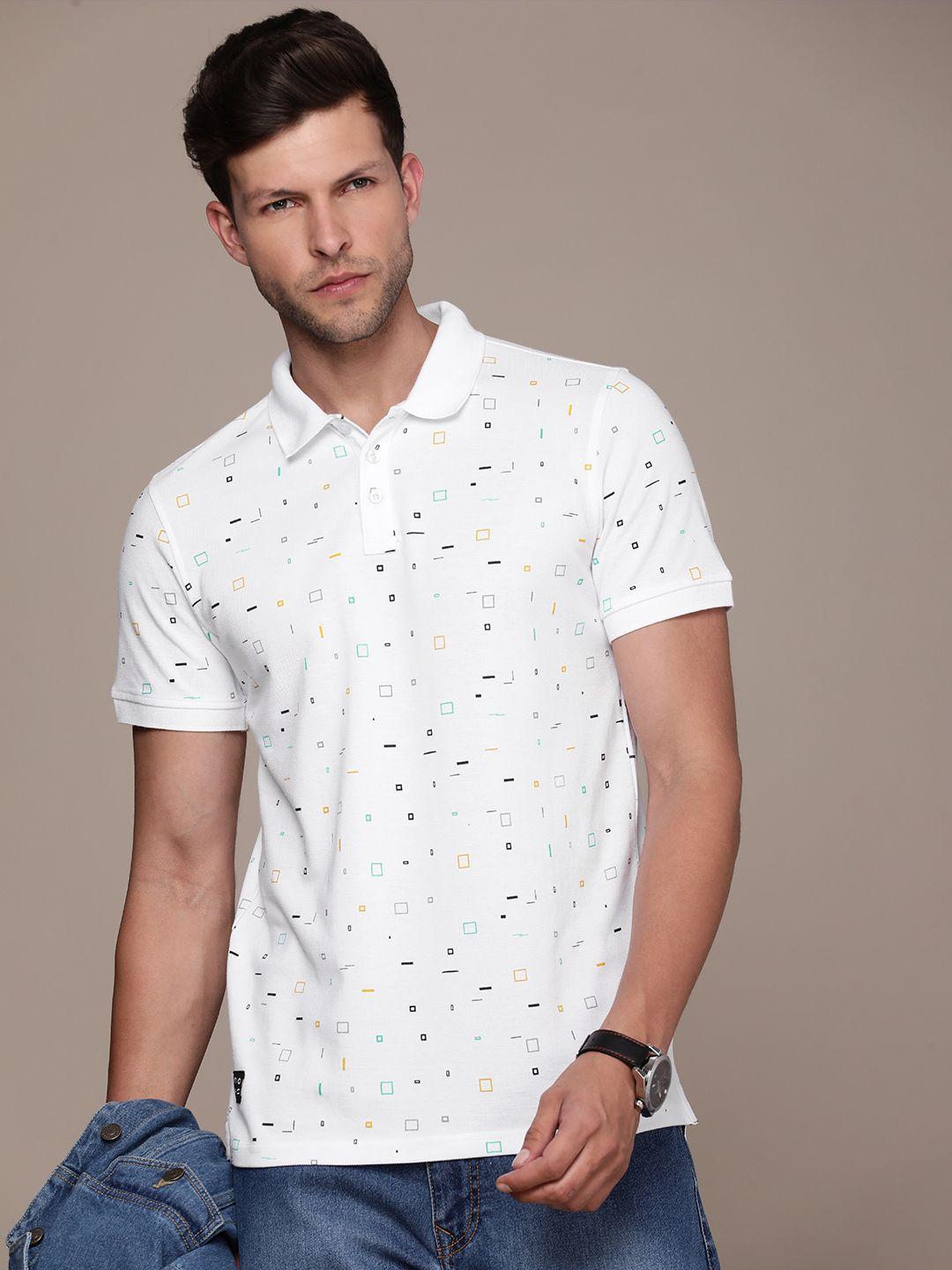 wrogn geometric printed polo collar slim fit t-shirt