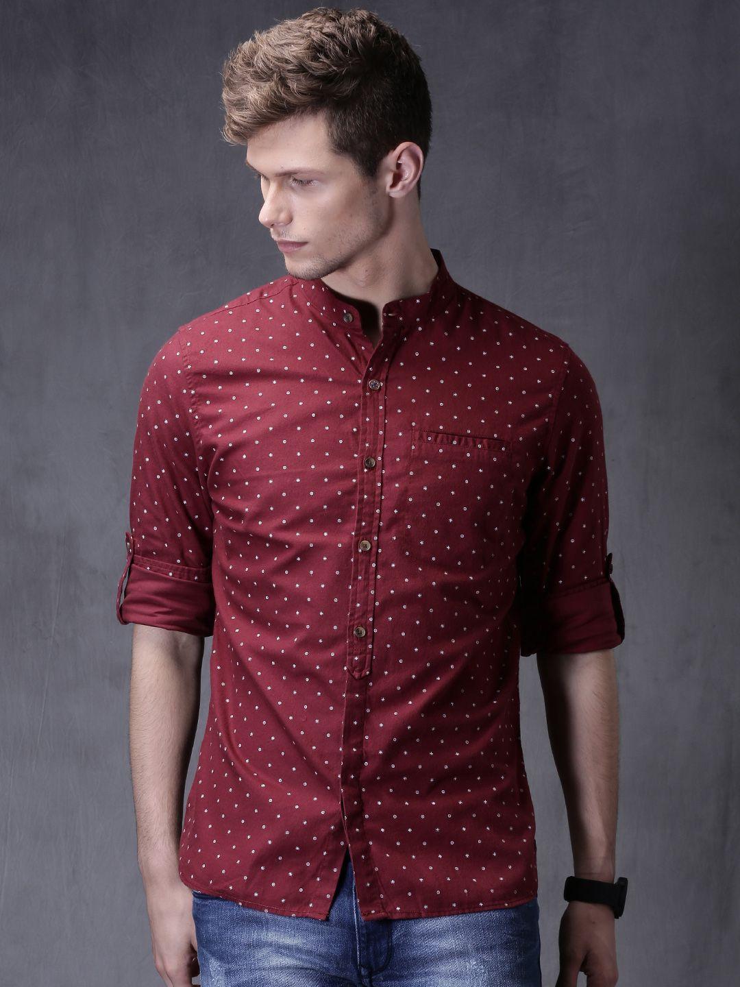 wrogn maroon printed slim fit casual shirt
