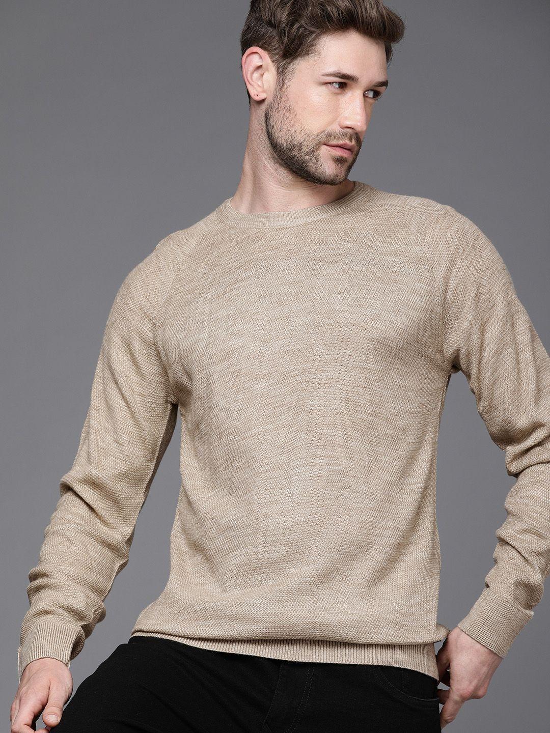 wrogn men beige boucle acrylic pullover sweater