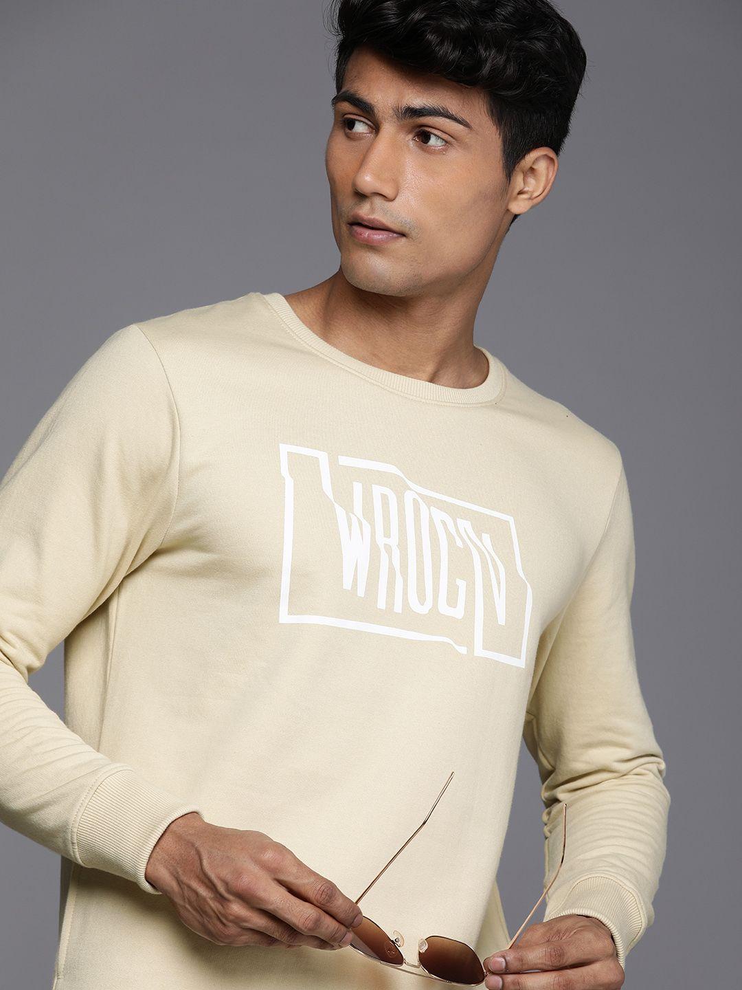 wrogn men beige brand logo printed sweatshirt