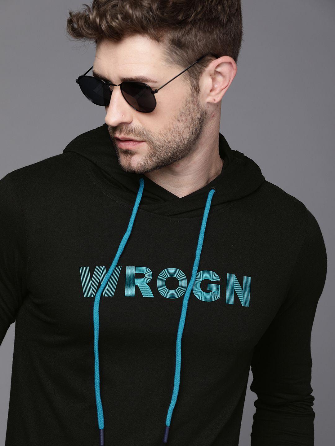 wrogn men black & blue brand logo printed slim fit hooded t-shirt