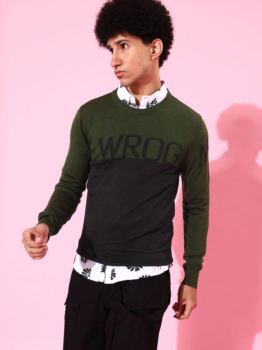 wrogn men black & green colourblocked pullover sweater