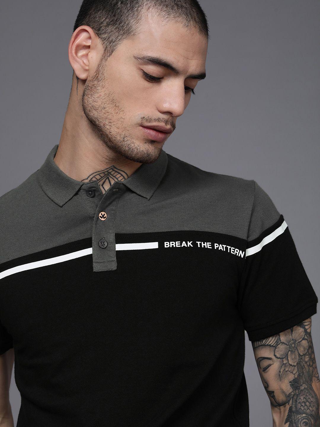 wrogn men black & grey colourblocked polo collar pure cotton slim fit t-shirt