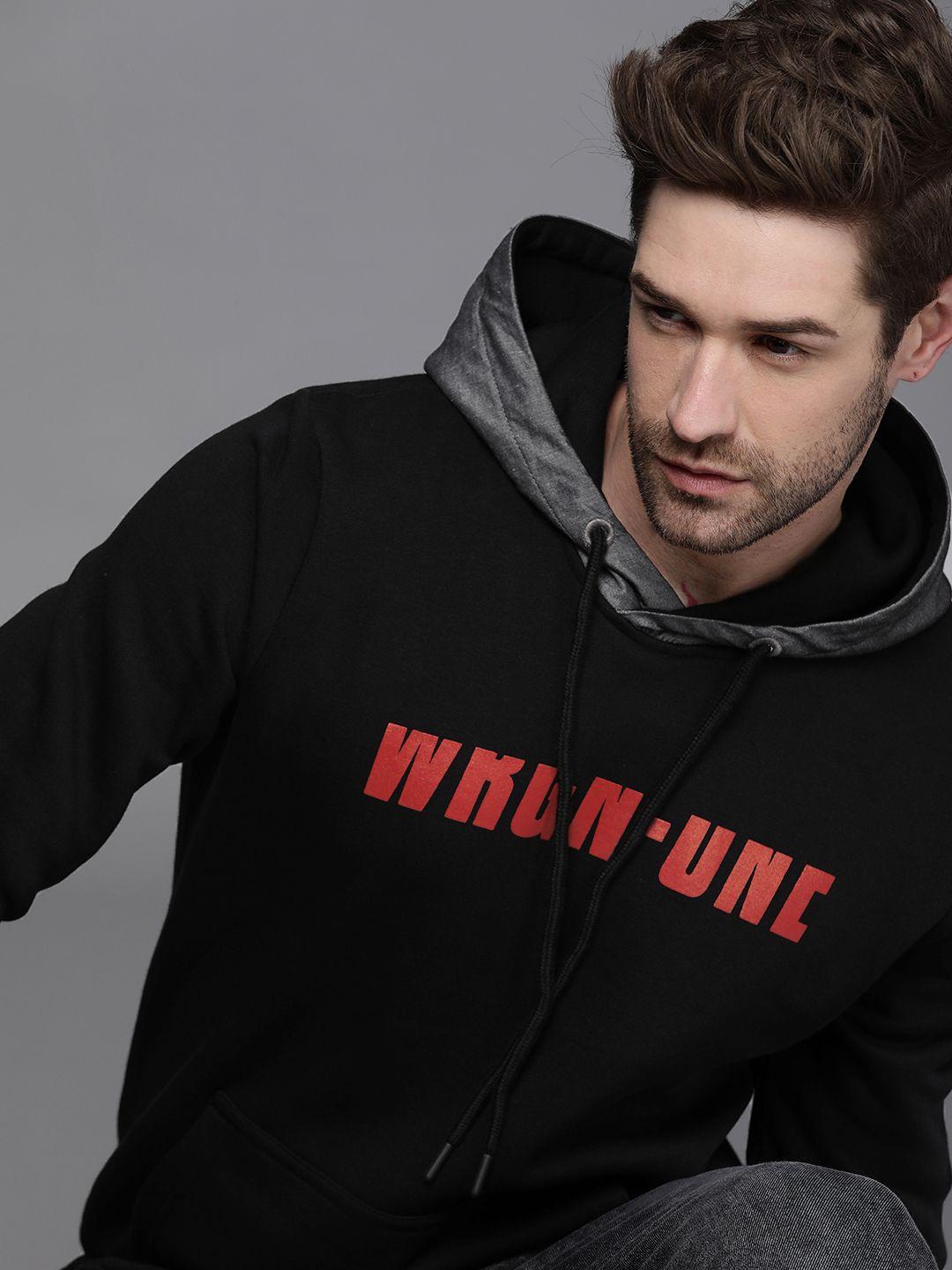 wrogn men black & red printed hooded sweatshirt