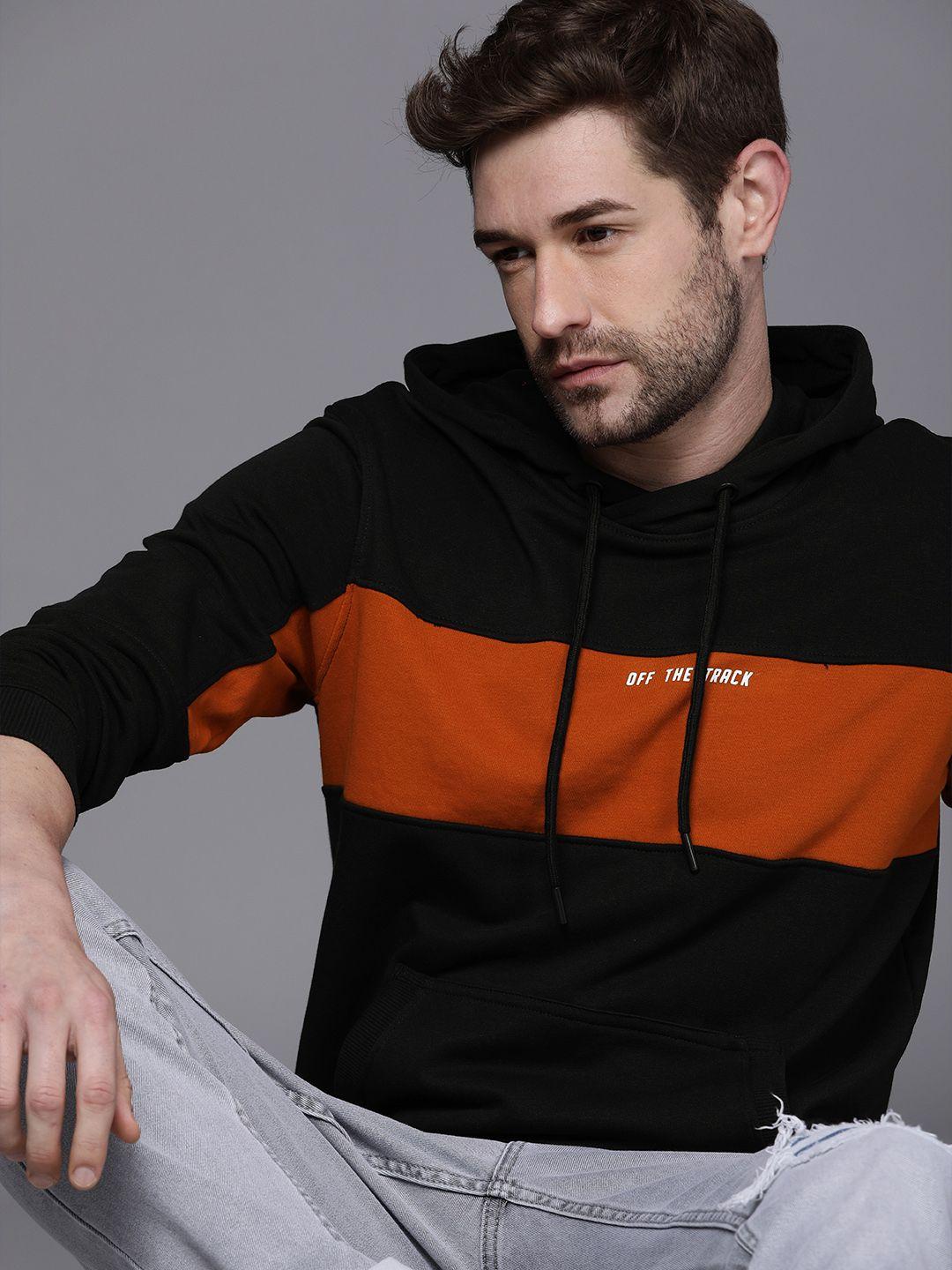 wrogn men black & rust red colourblocked hooded sweatshirt