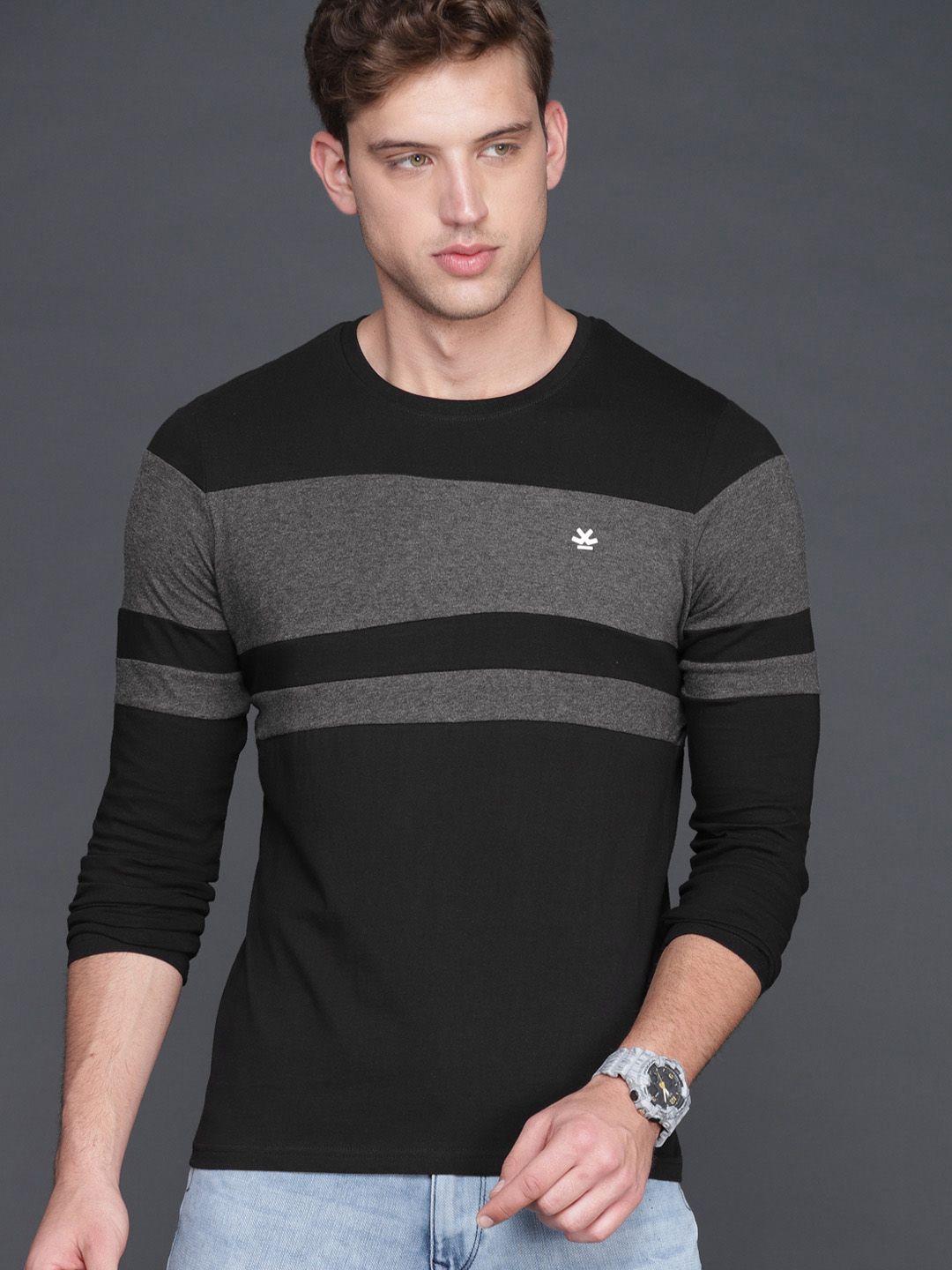 wrogn men black  charcoal grey striped slim fit round neck pure cotton t-shirt