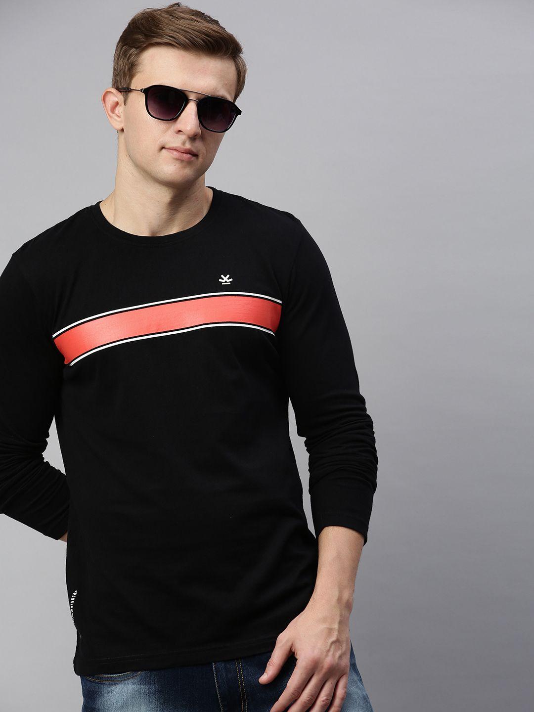 wrogn men black  coral orange striped slim fit round neck pure cotton t-shirt