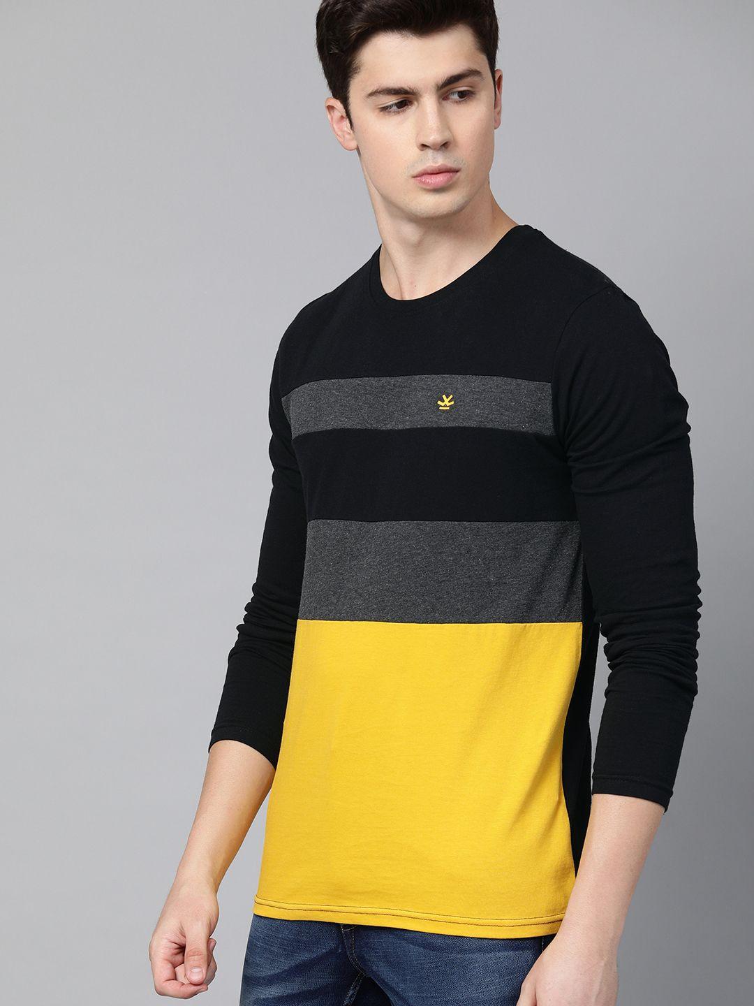 wrogn men black  mustard yellow colourblocked slim fit round neck pure cotton t-shirt