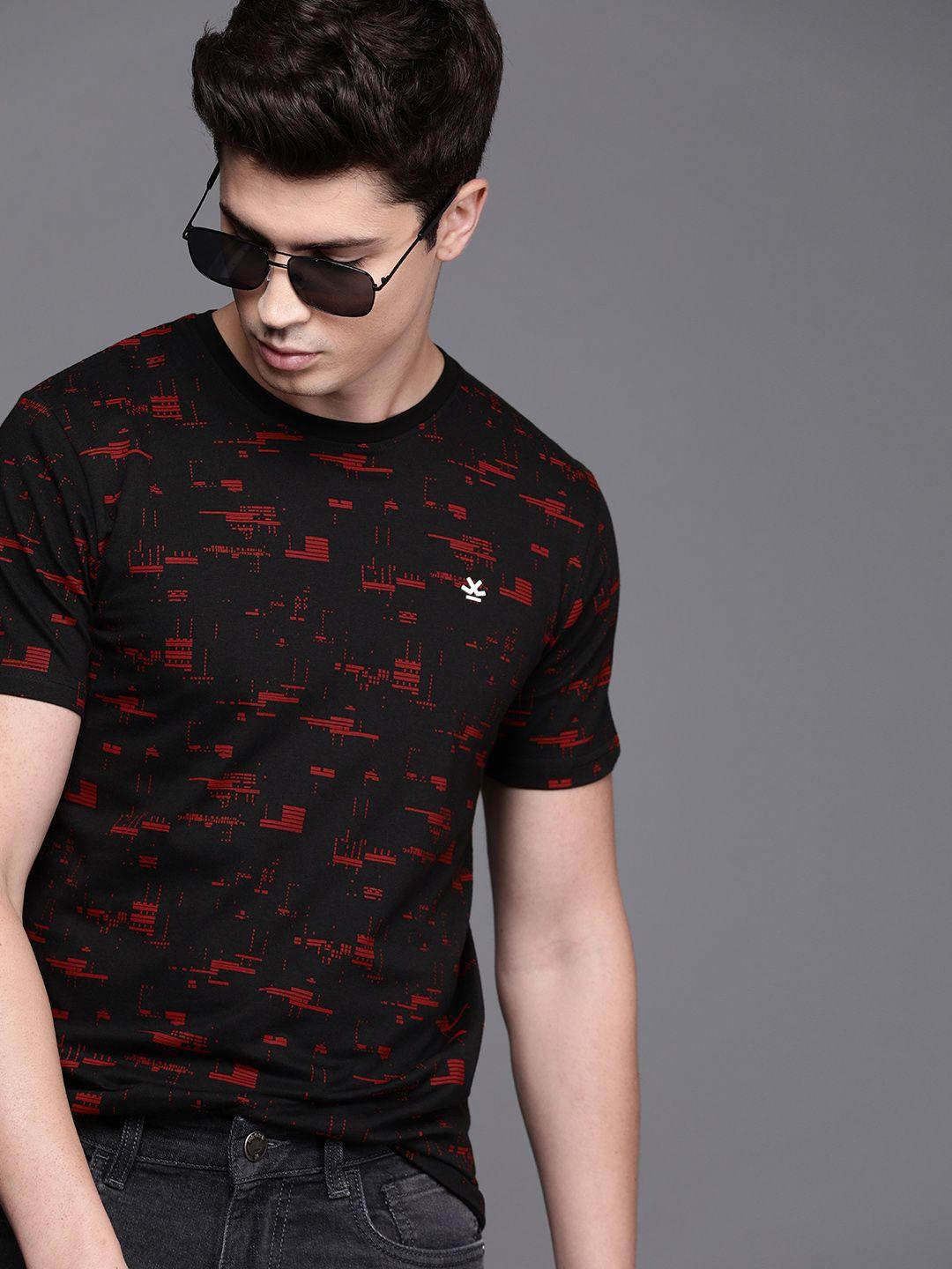 wrogn men black  red printed round neck pure cotton t-shirt