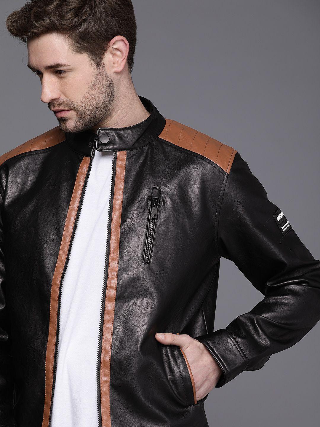 wrogn men black biker jacket with contrast detailing