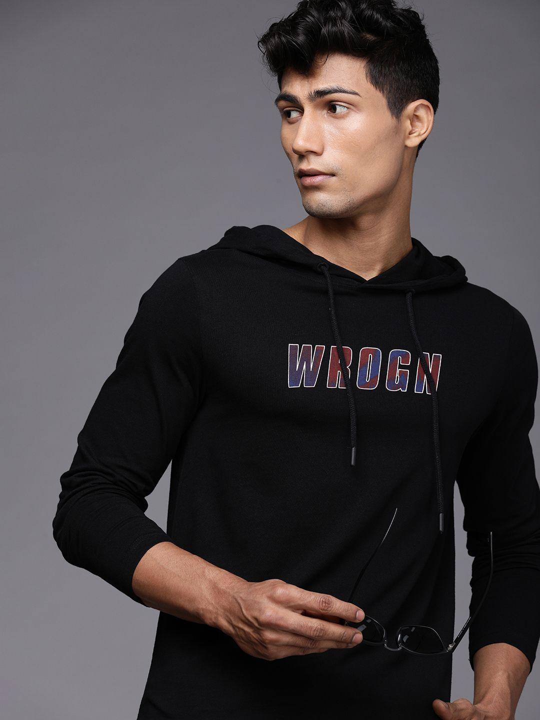 wrogn men black brand logo printed t-shirt