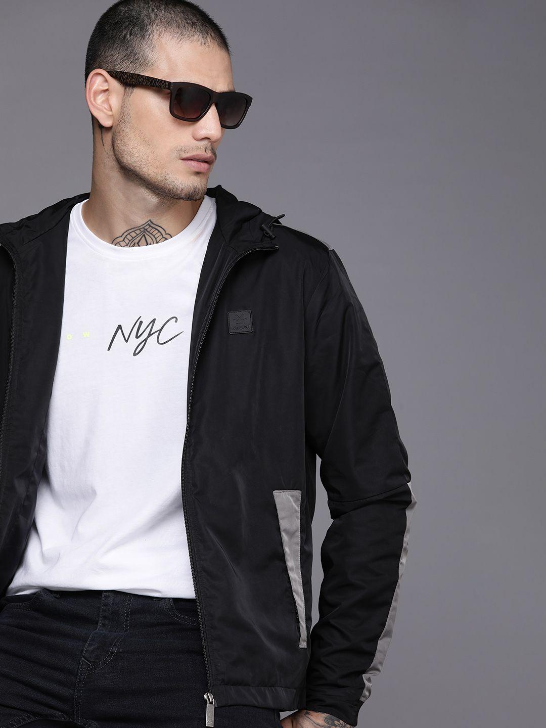 wrogn men black brand logo sporty jacket with patchwork