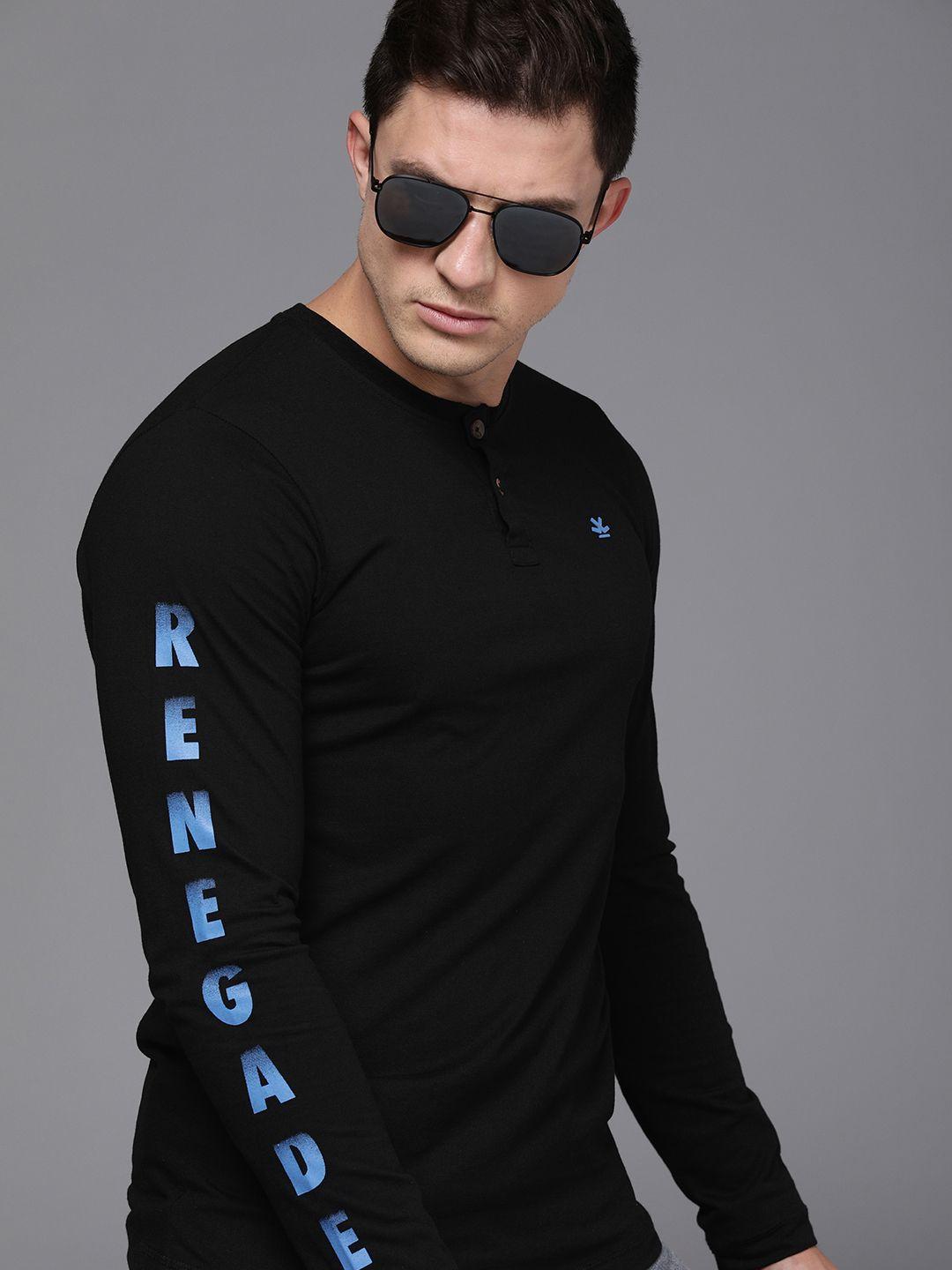 wrogn men black henley neck slim fit t-shirt with printed detail